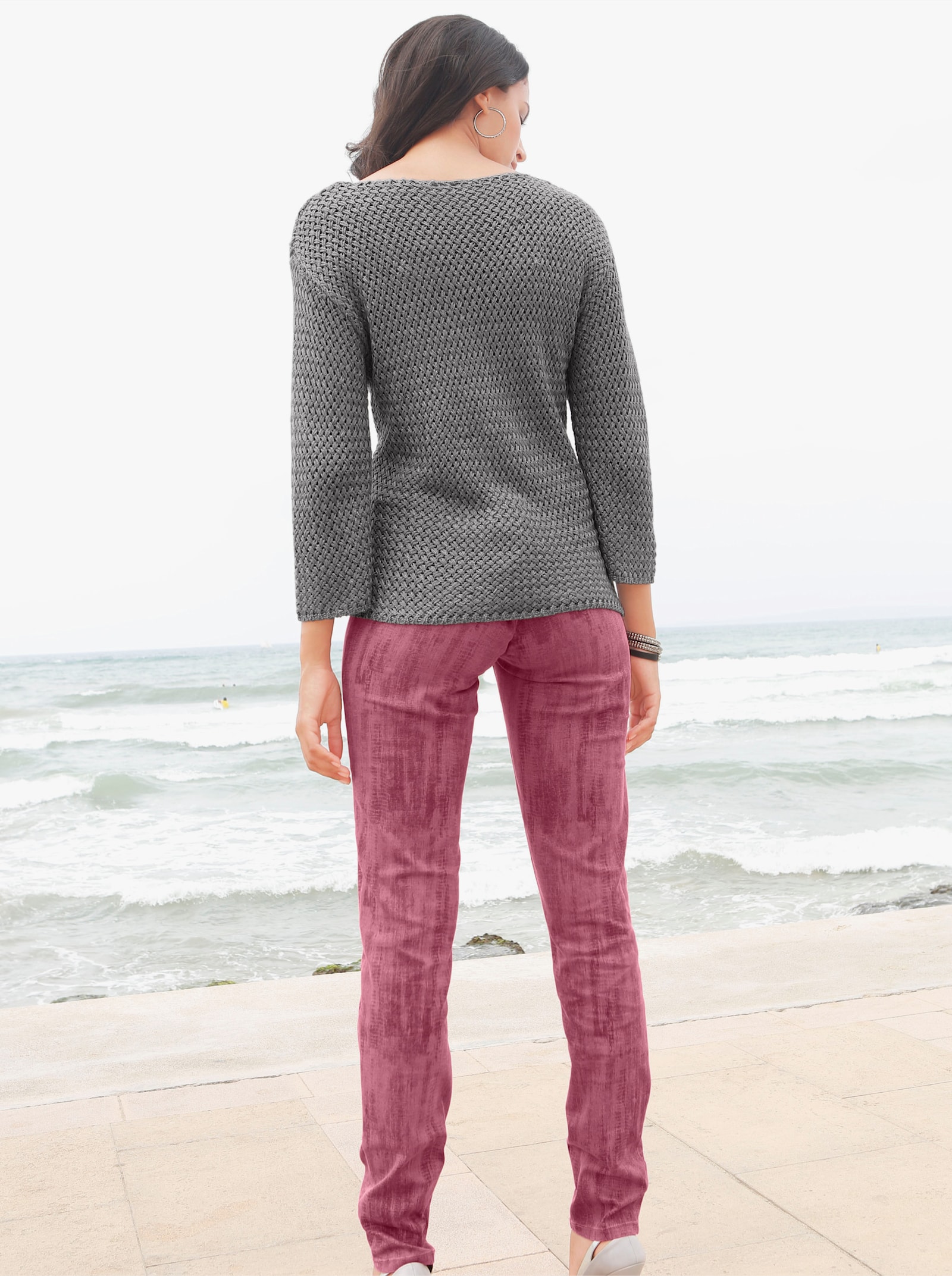 Pull à manches 3/4 avec motif tricoté structuré - gris