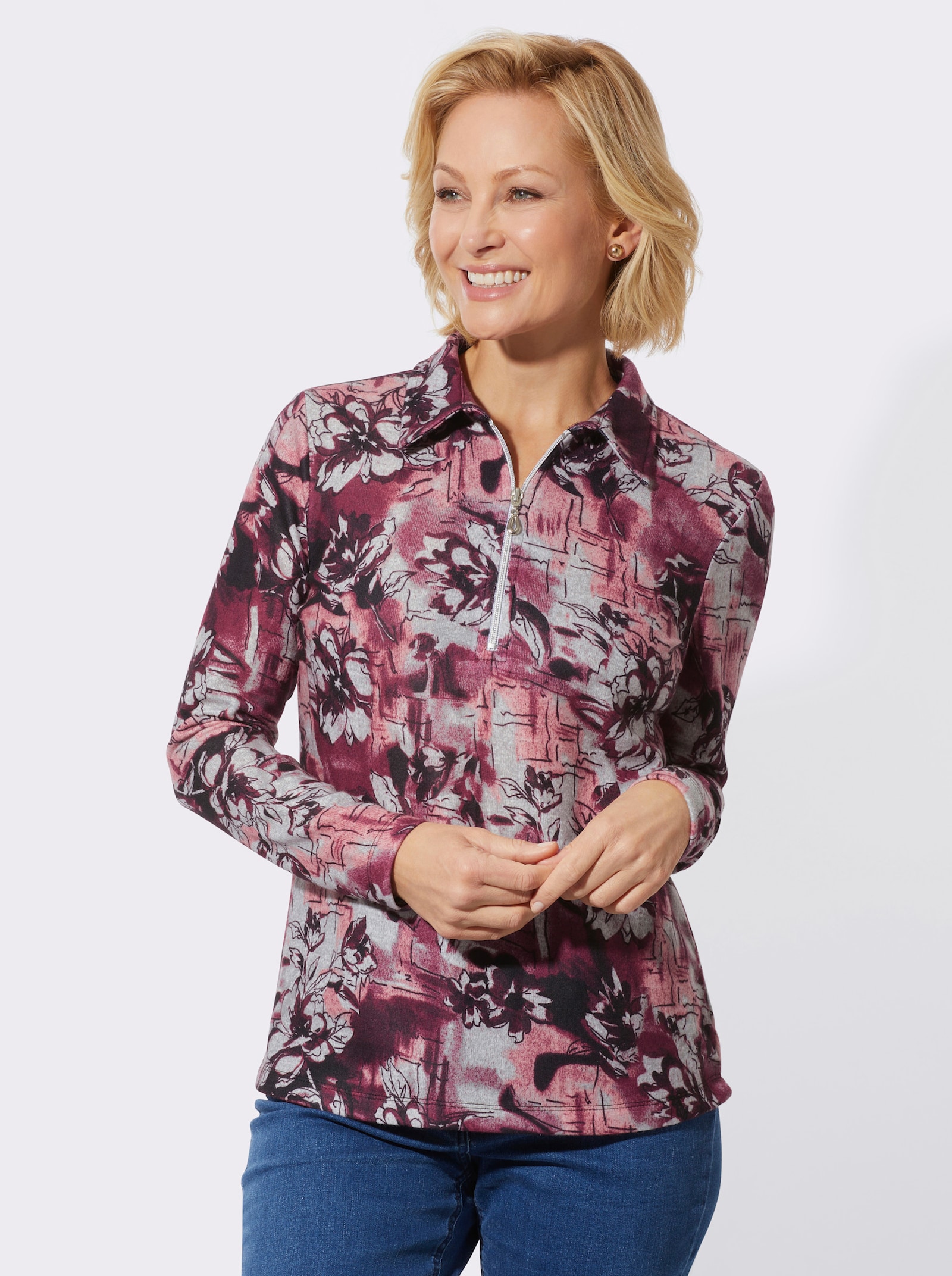 Poloshirt in wärmend angerauter Qualität - bordeaux-grau-bedruckt