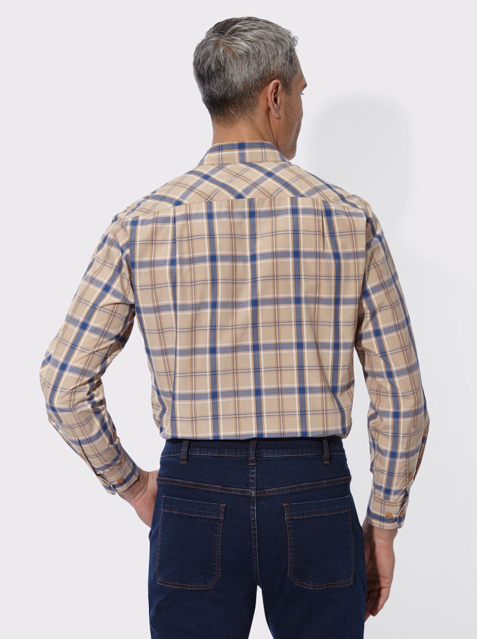 Karohemd in Baumwoll-Mischung - beige-jeansblau-kariert