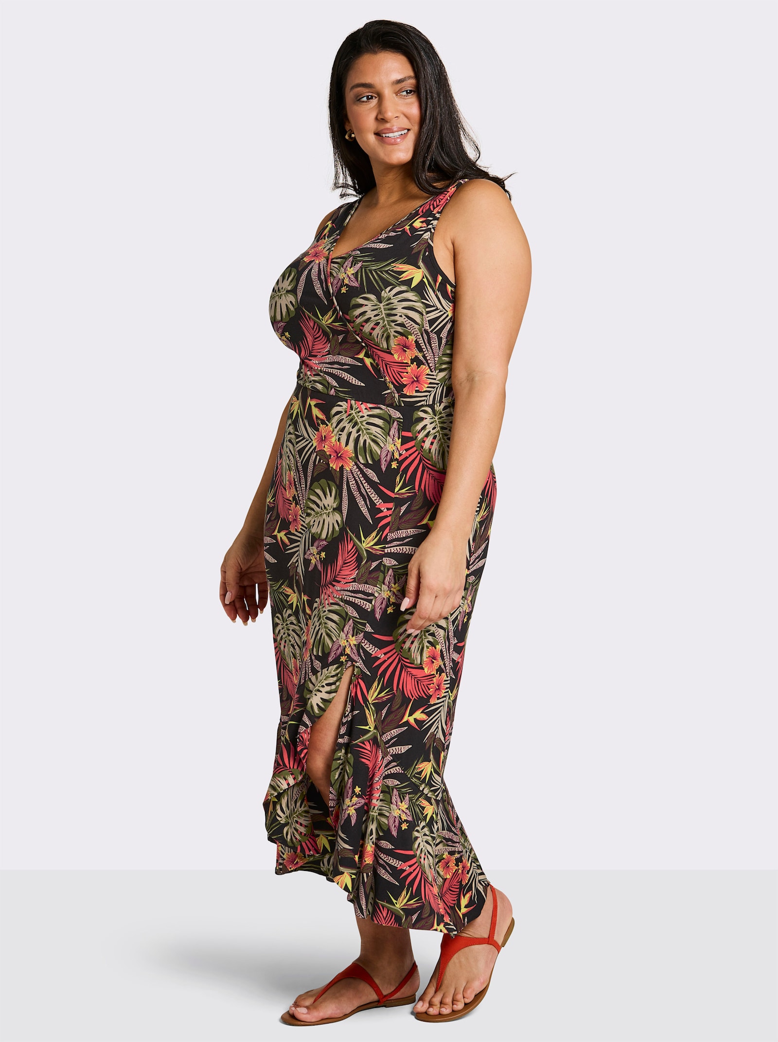 sheego Jerseykleid mit Volant am Saum - schwarz-burgund-bedruckt