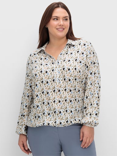 Langarm-Bluse mit Elastik-Abschlüssen - ecru-bleu-bedruckt