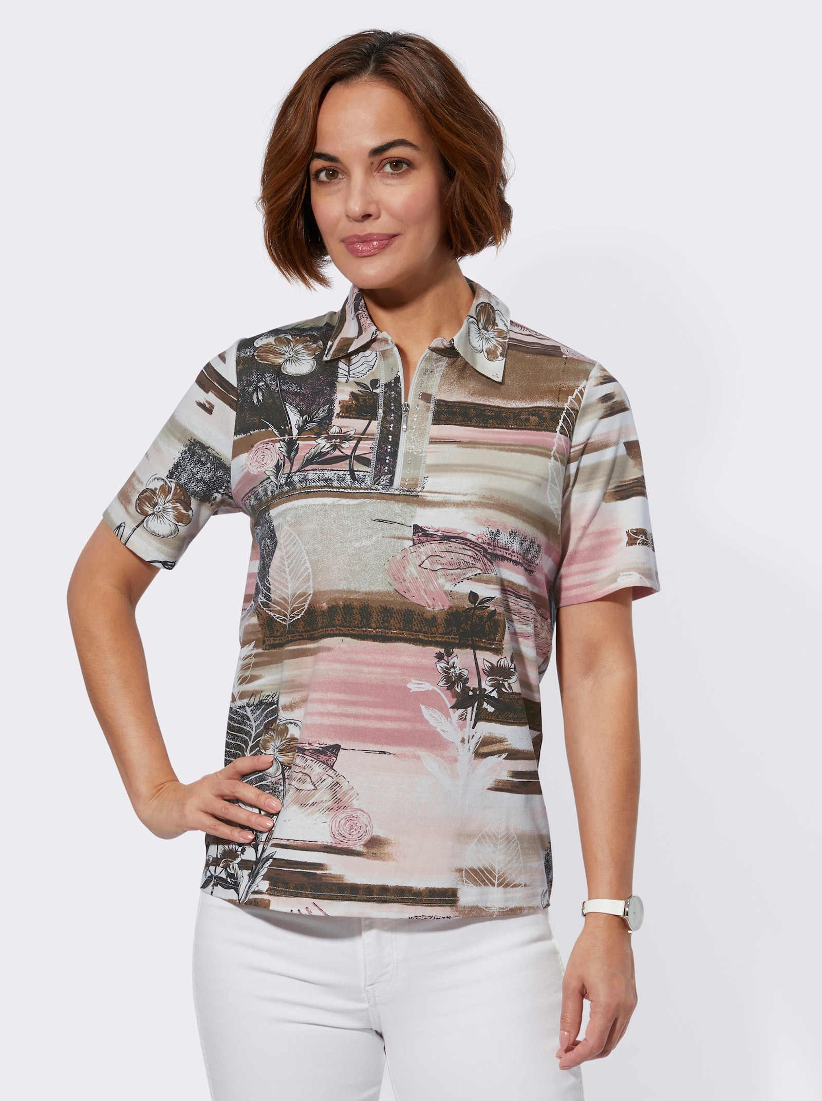 Poloshirt mit Glitzersteinchen - rosenholz-ecru-bedruckt