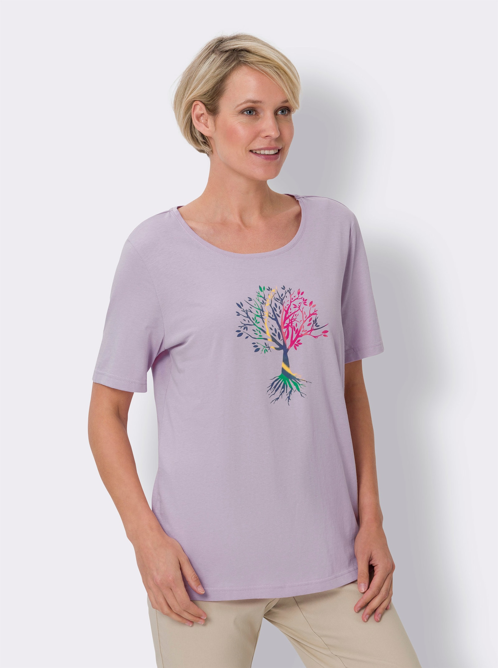 Kurzarmshirt mit platziertem Druck - flieder-jeansblau