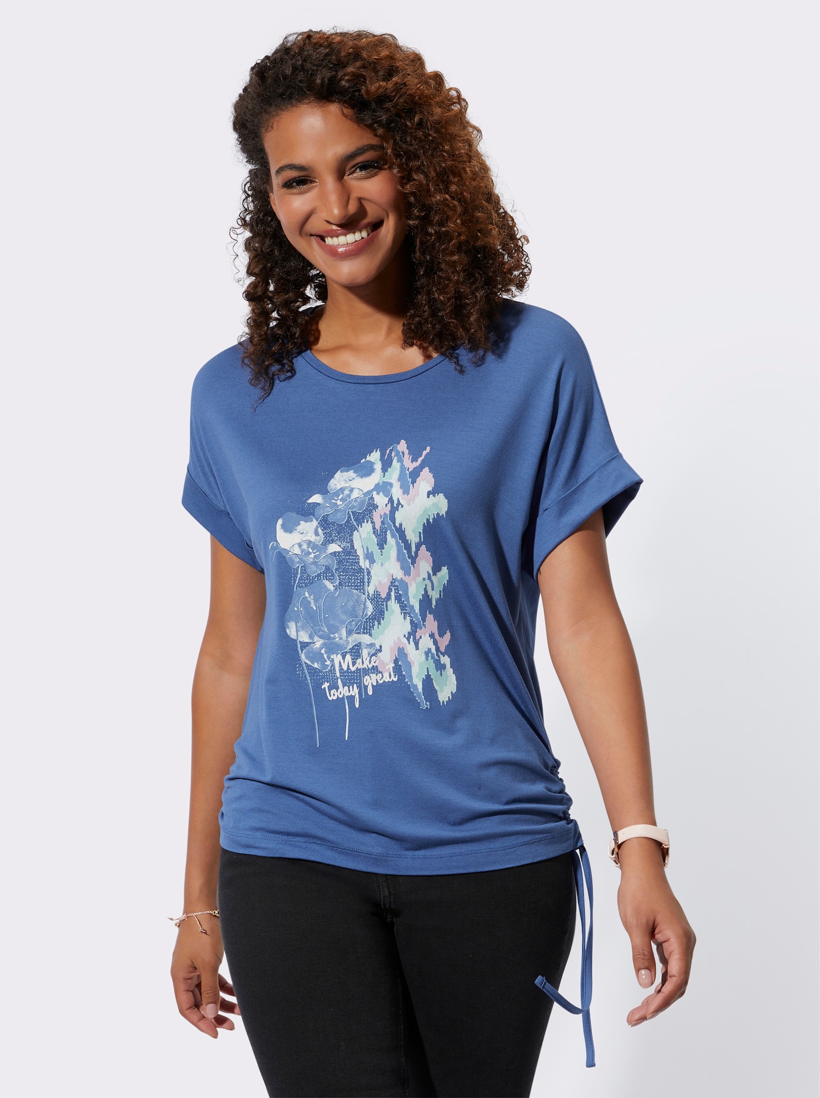 Shirt met korte mouwen, met rimpeling opzij - jeansblauw