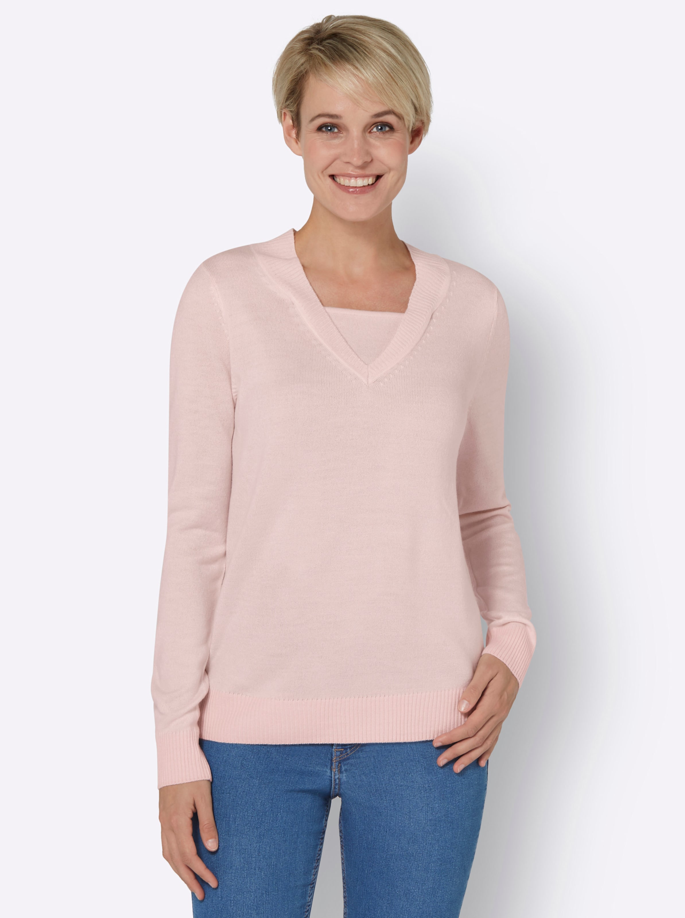 Witt Damen 2-in-1-Pullover mit V-Ausschnitt, weich, hellrosé