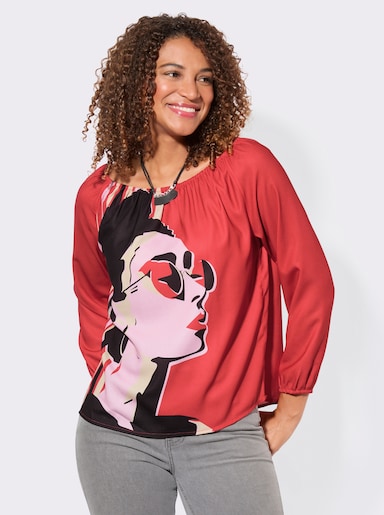 Druckbluse mit weitem, elastischem Ausschnitt - rot-rosé-bedruckt