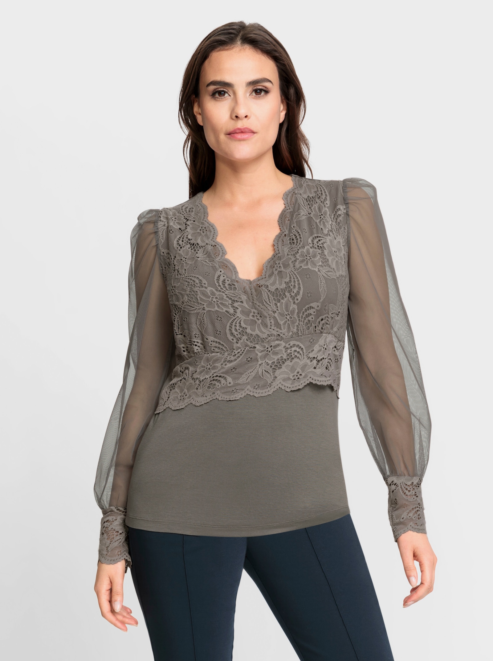 heine Langarmshirt mit transparenten Ärmeln - taupe