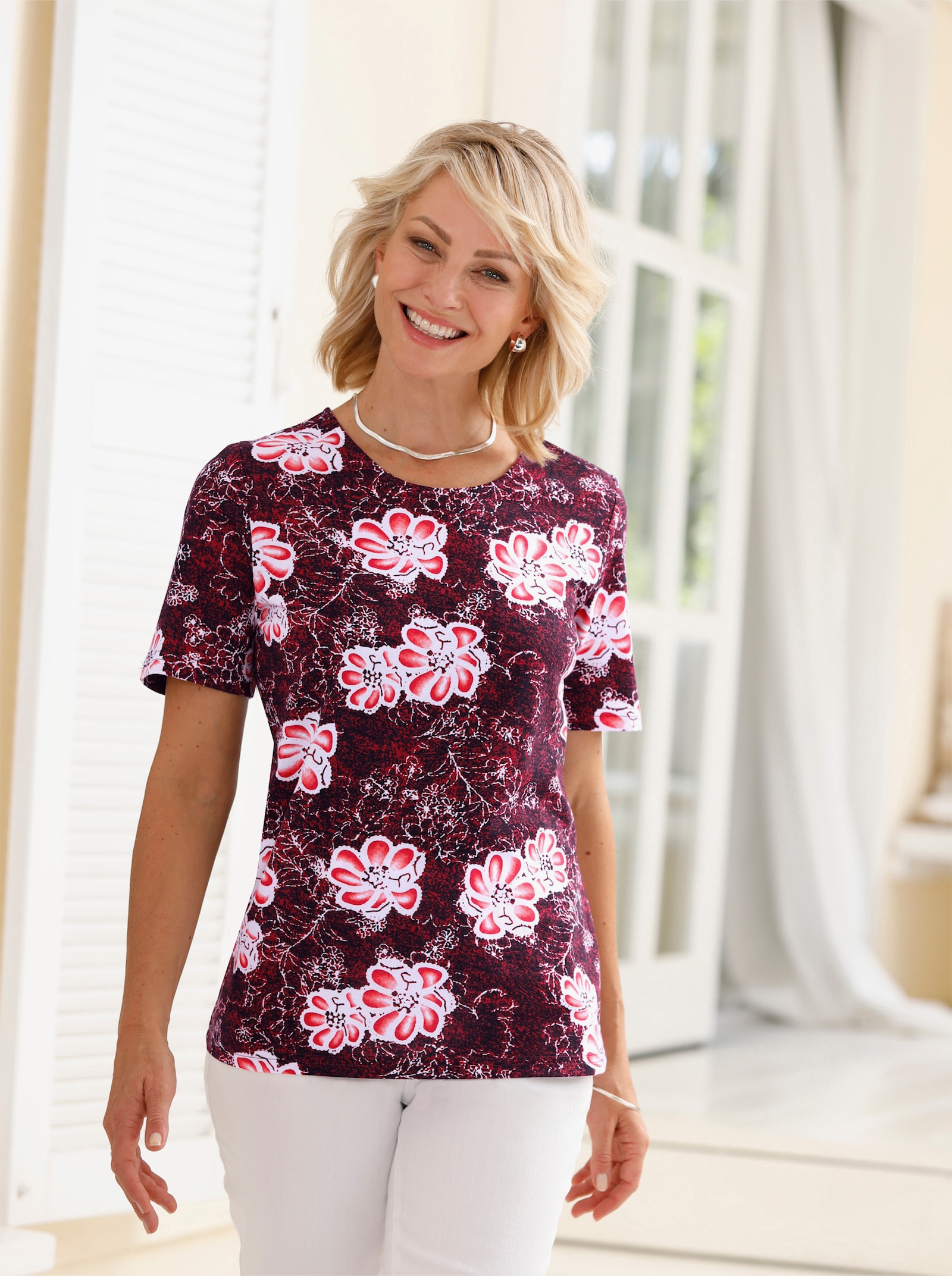  Rundhalsshirt reine Baumwoll-Qualität - kirsche-ecru-bedruckt