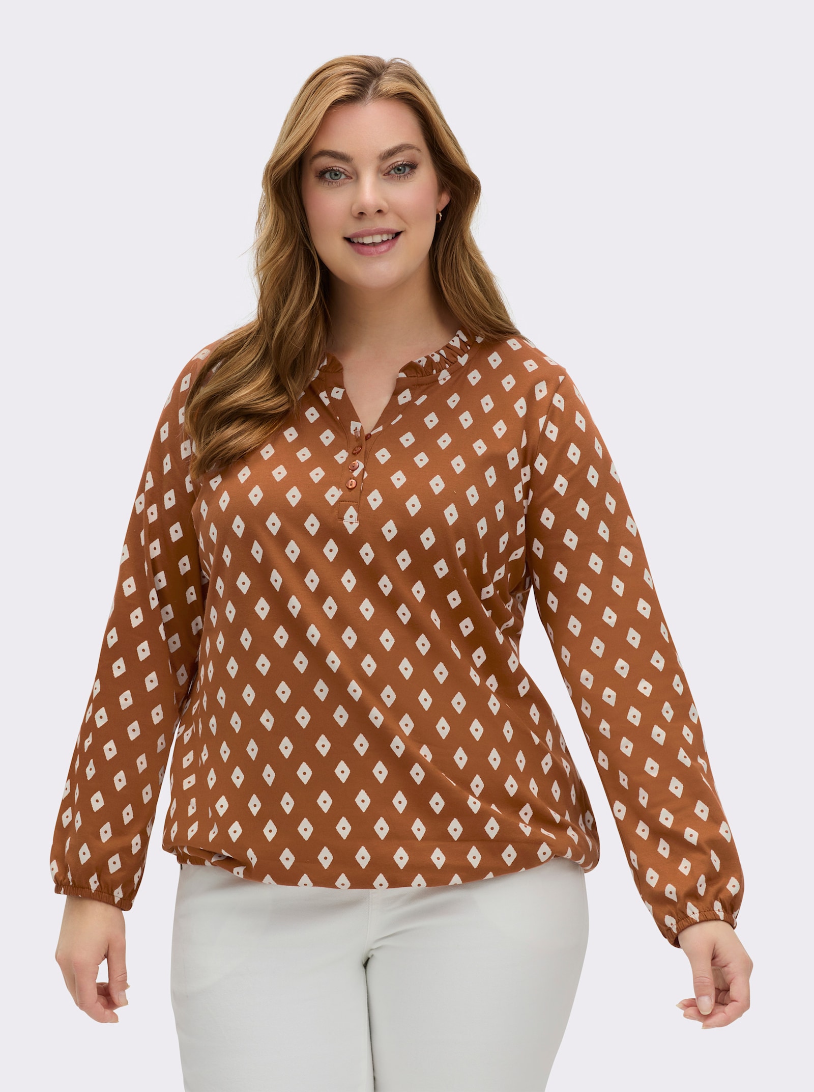 Langarmshirt mit Rüschen am Ausschnitt - cognac-ecru-bedruckt