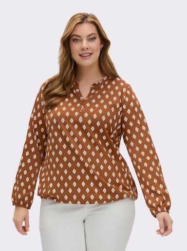 Langarmshirt mit Rüschen am Ausschnitt - cognac-ecru-bedruckt
