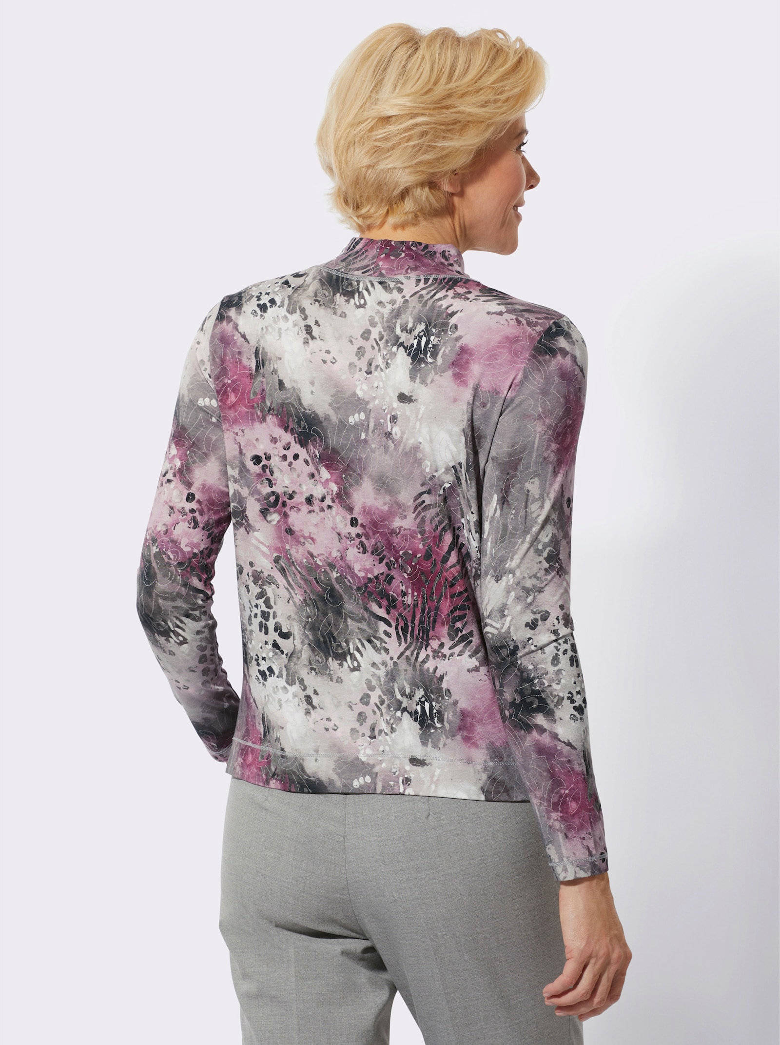 Stehkragenshirt im Animal-Dessin - steingrau-mauve-bedruckt