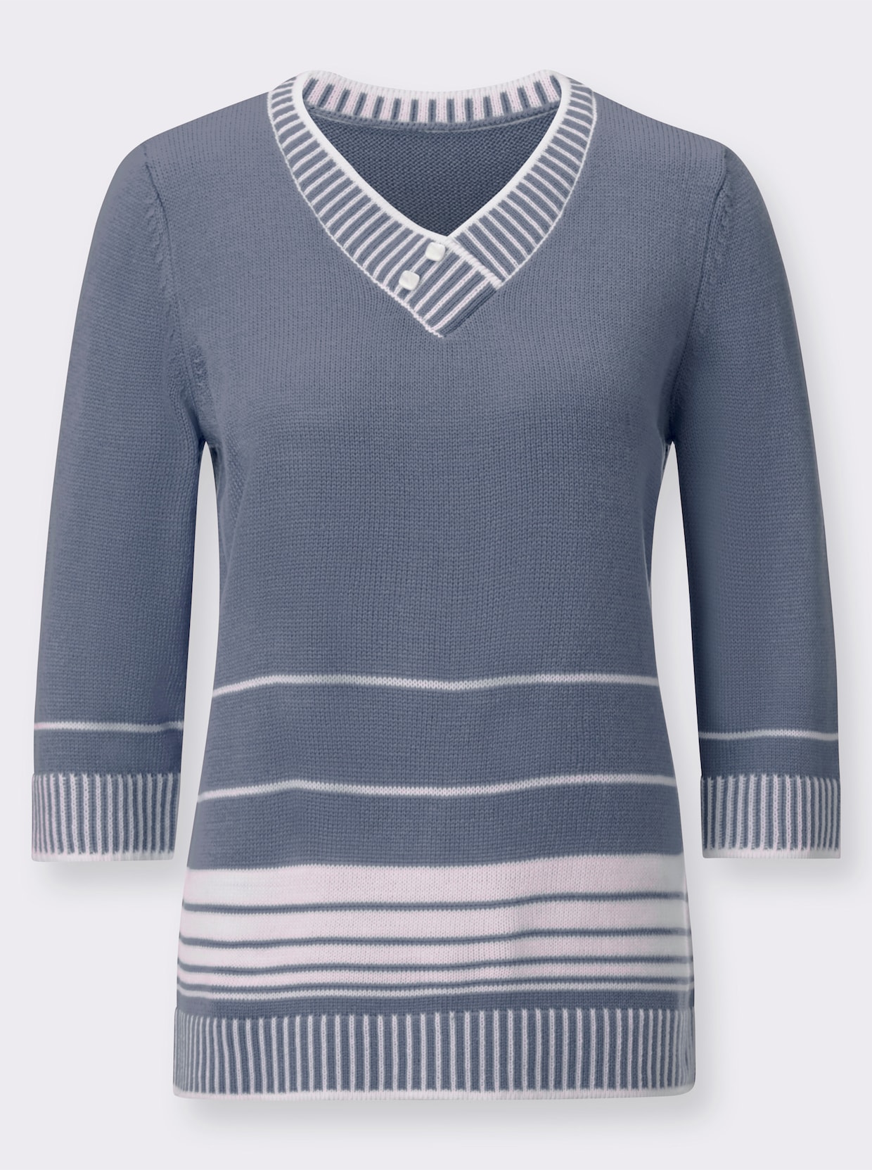 3/4 Arm-Pullover - taubenblau-weiß-gestreift