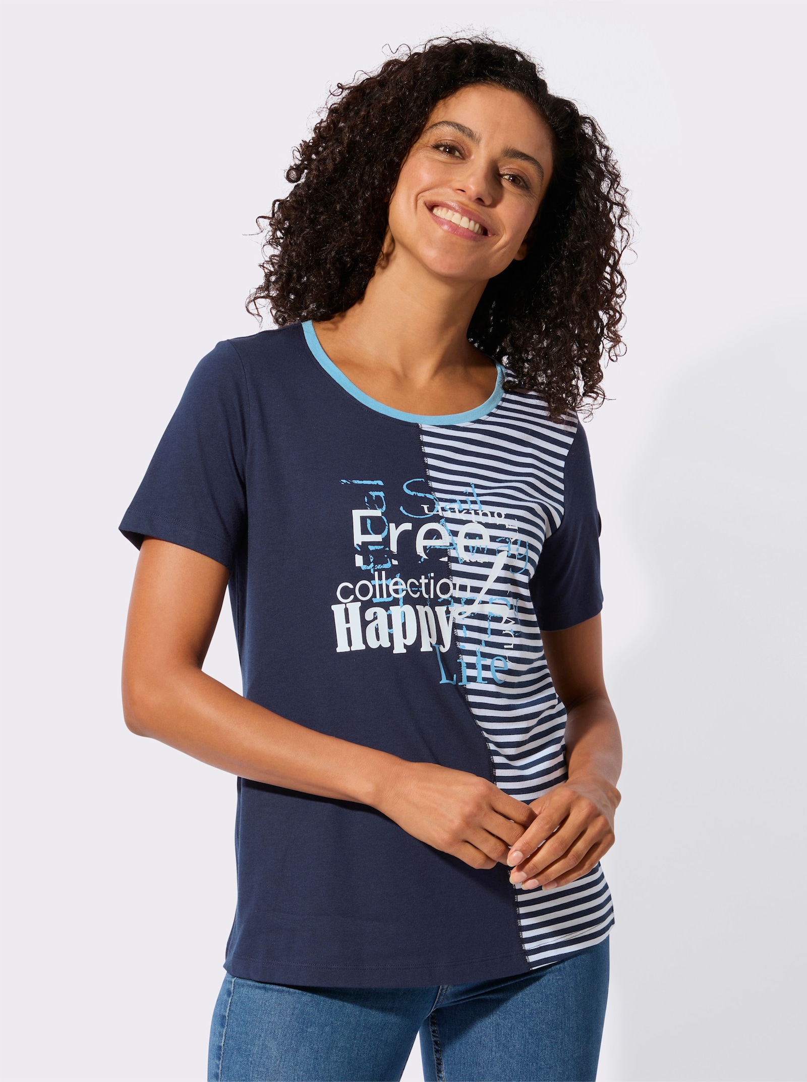 Rundhalsshirt mit Schriftzug und Streifen-Print - marine-himmelblau-bedruckt