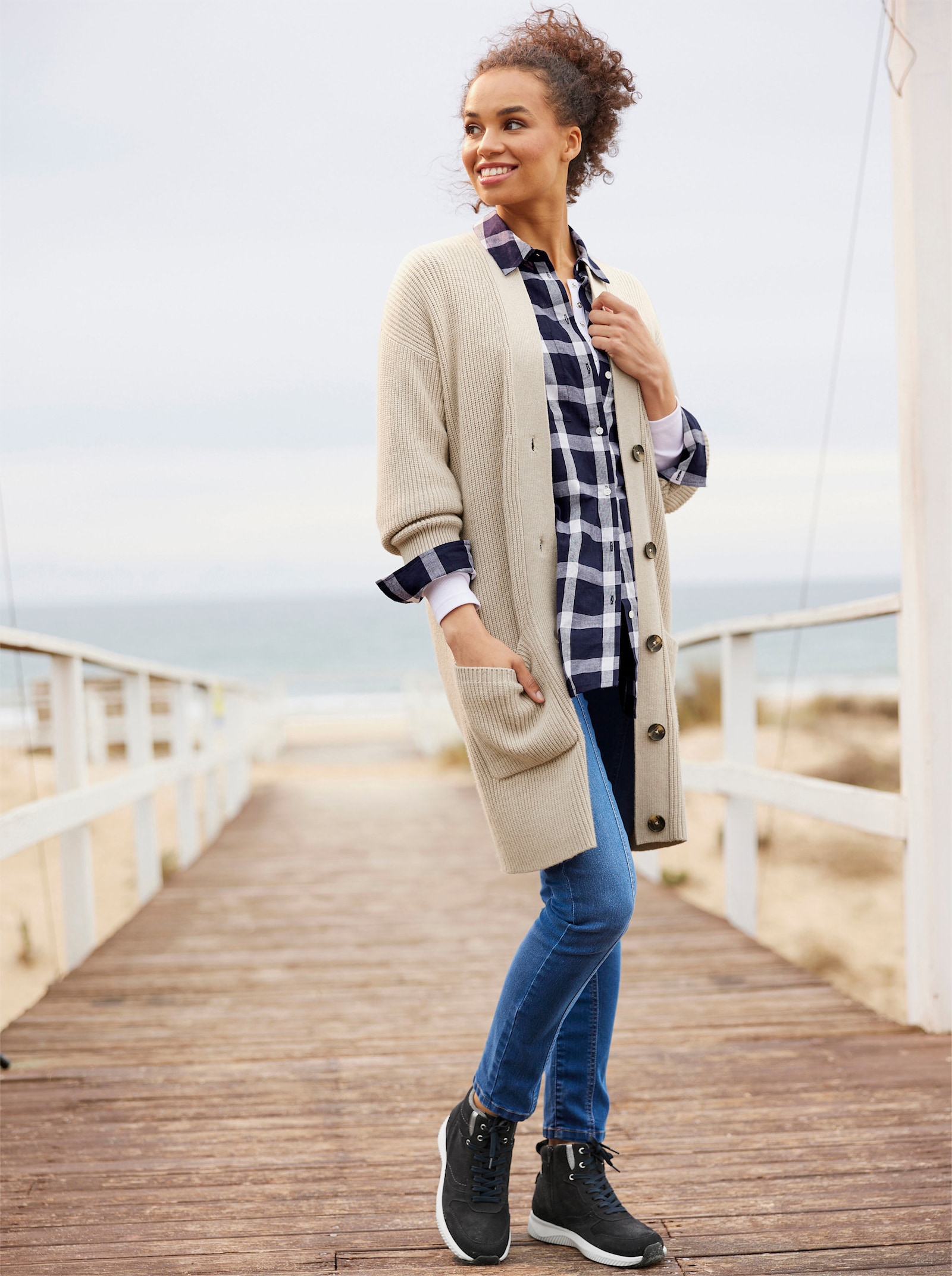 heine Longstrickjacke mit 2 Taschen - sand-meliert