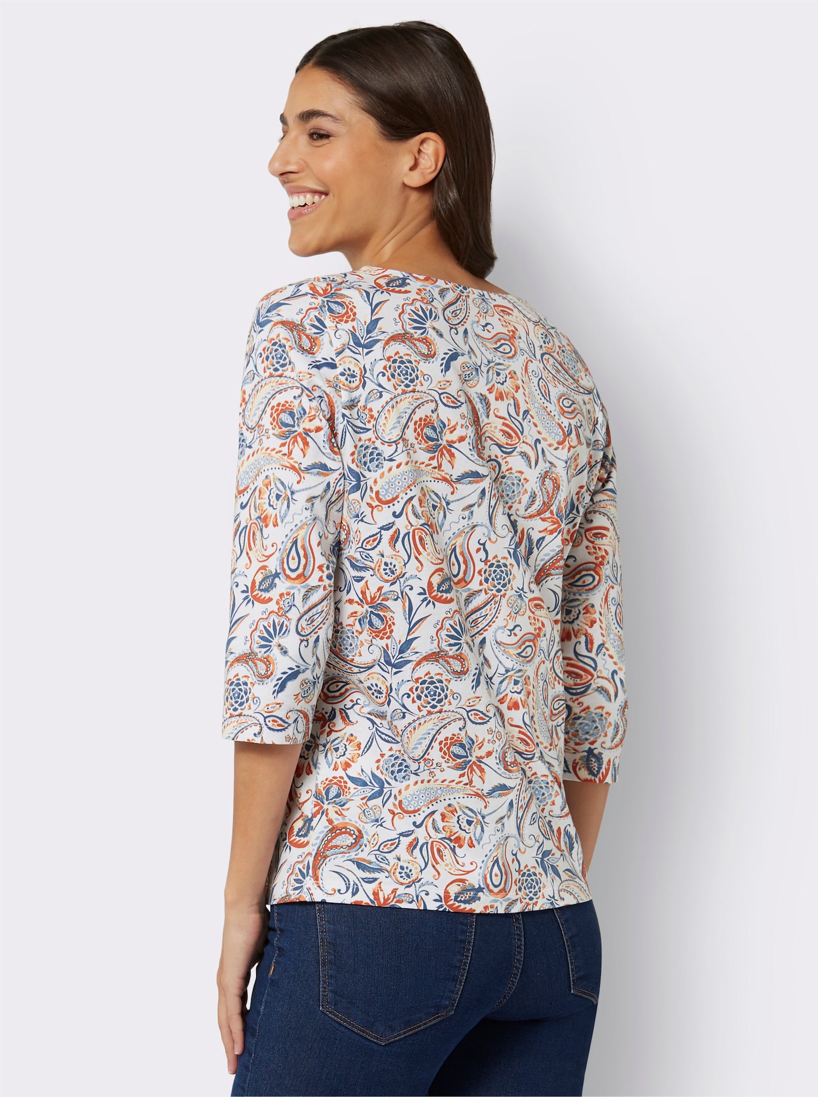 3/4-Arm-Shirt mit Paisley-Motiven - weiß-jeansblau-bedruckt