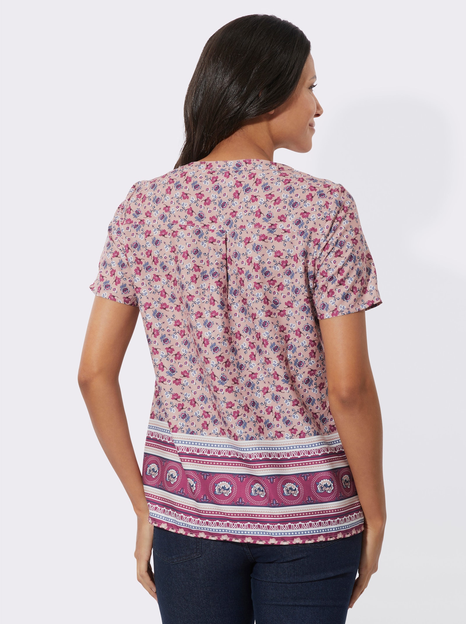 Schlupfbluse mit Bordüren-Print - hortensie-erika-bedruckt
