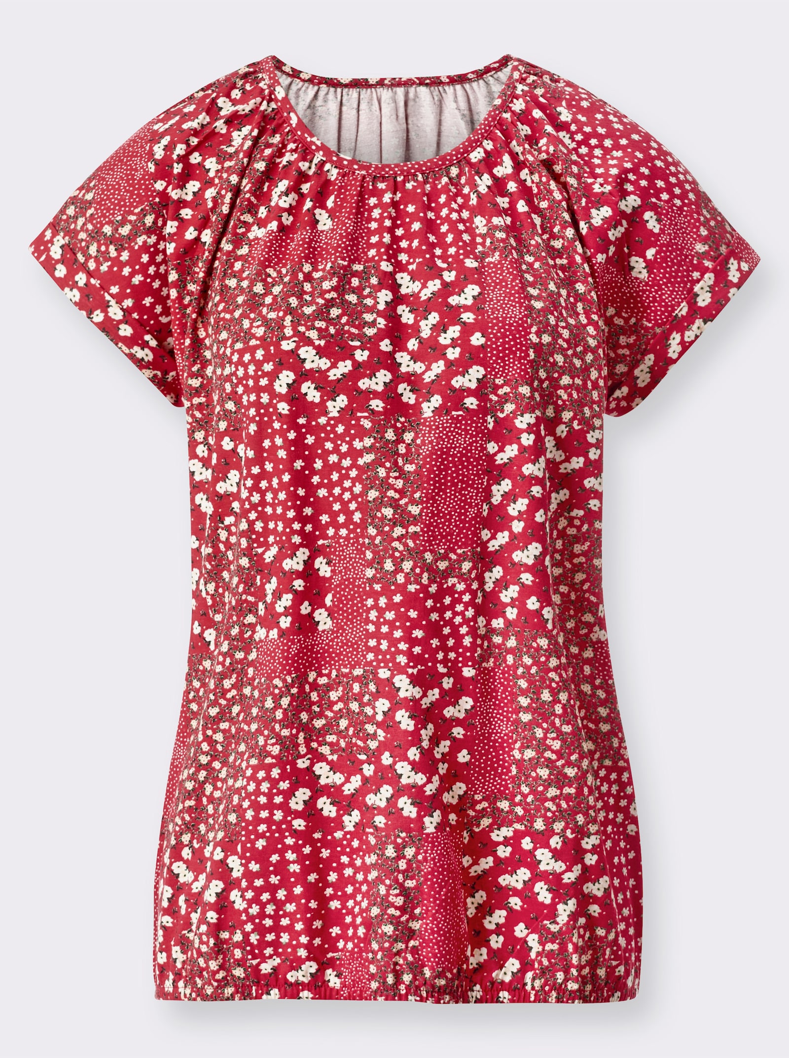 Kurzarmshirt mit Raffung - erdbeere-champagner-bedruckt