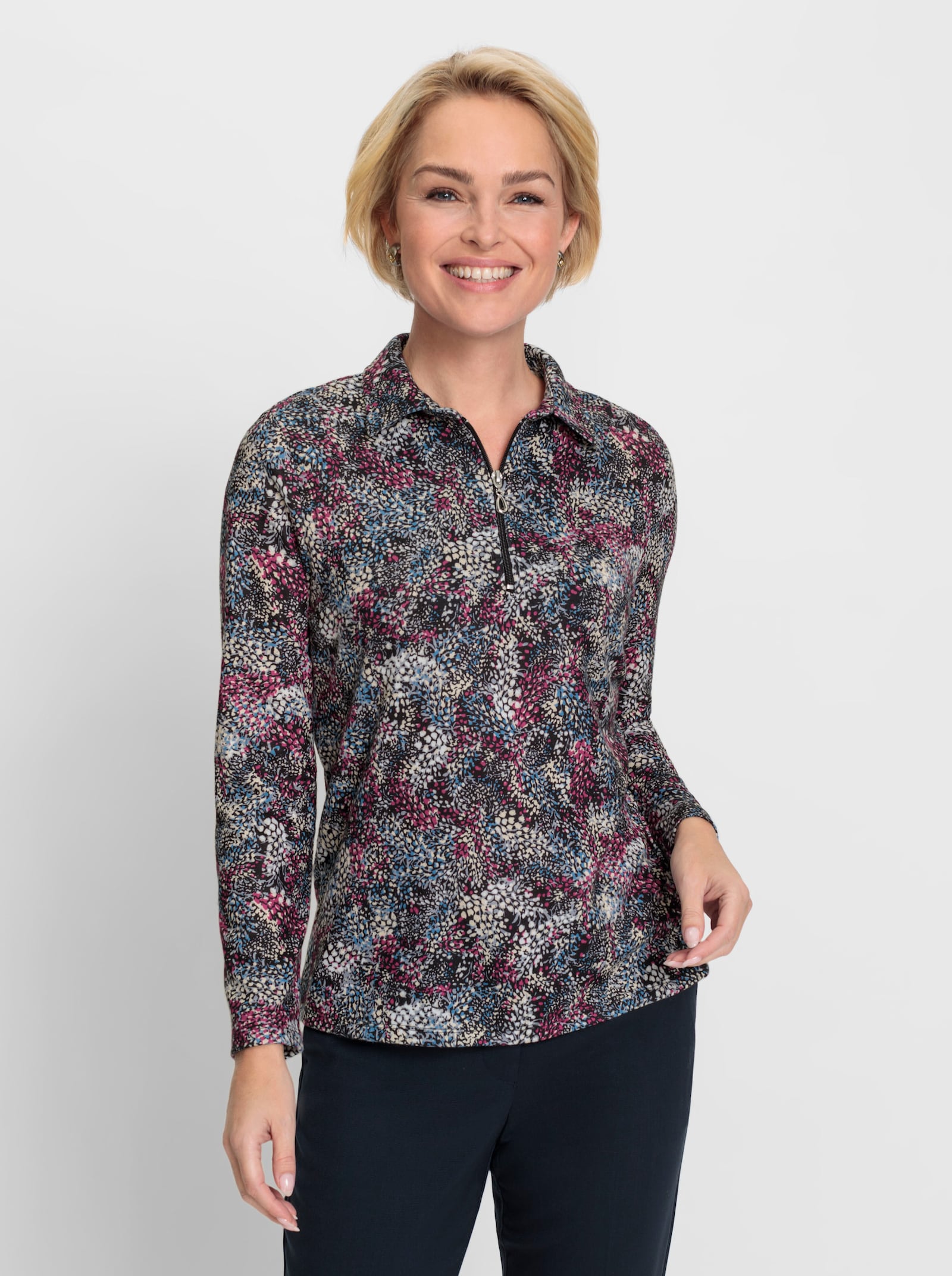 Poloshirt in Winter-Qualität - magenta-mittelblau-bedruckt