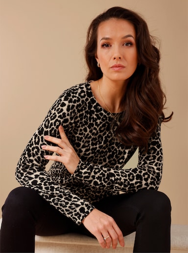 CREATION L PREMIUM Feinstrickpullover mit Wolle - elfenbein-schwarz-bedruckt