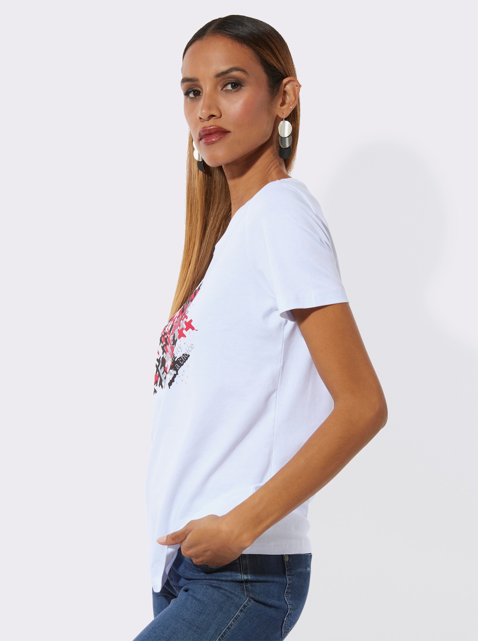 Rundhalsshirt - weiß-rot-bedruckt