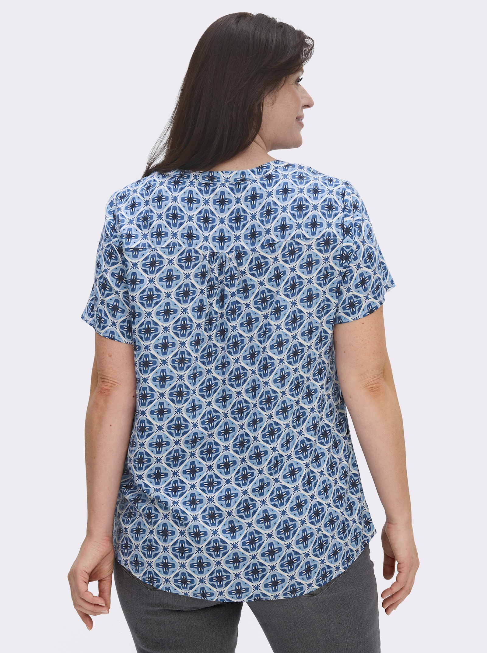 Druckbluse in Schlupfform - jeansblau-ecru-bedruckt