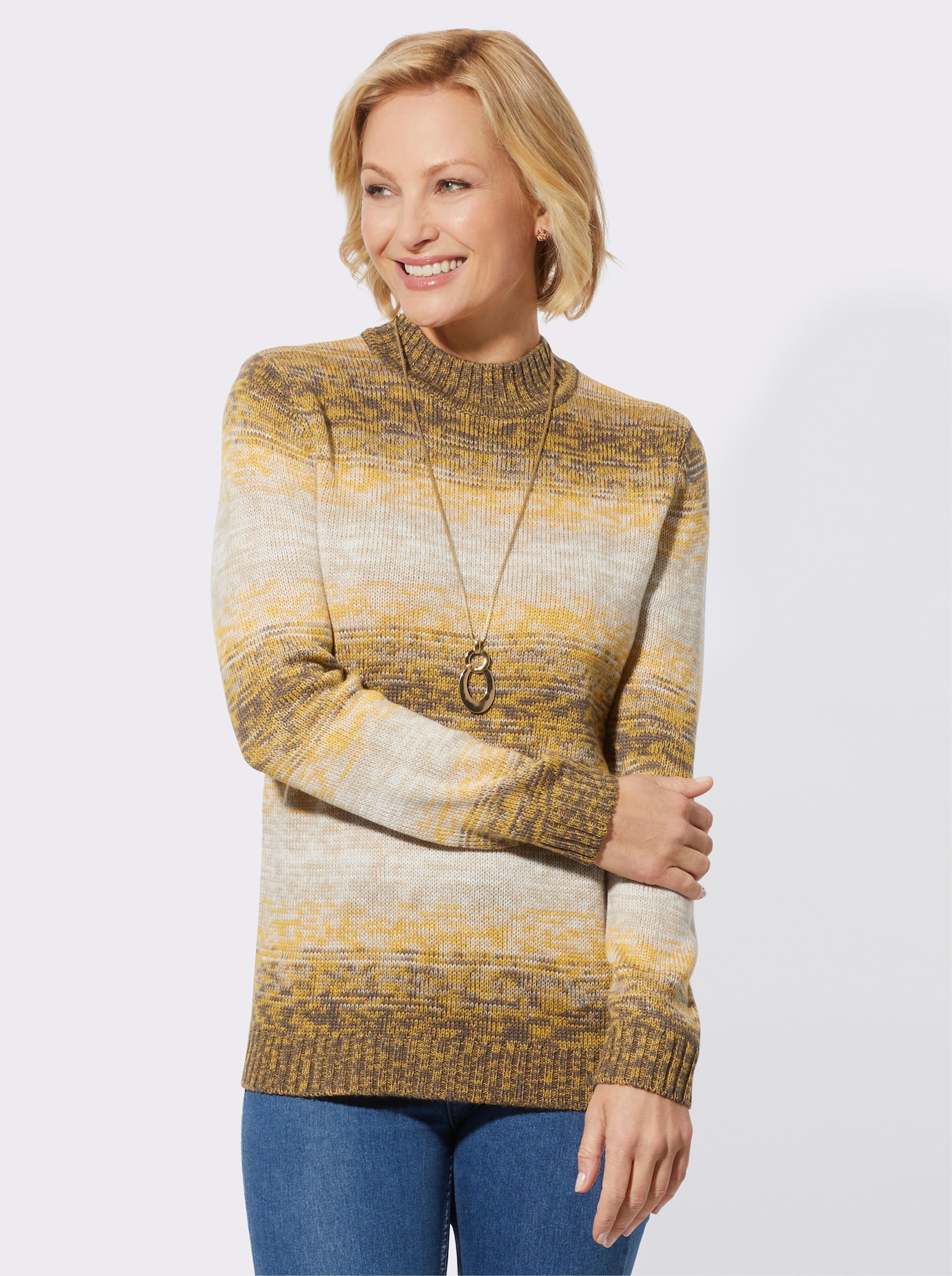 Stehkragenpullover in trageangenehmer Qualität - ocker-dunkeltaupe-geringelt