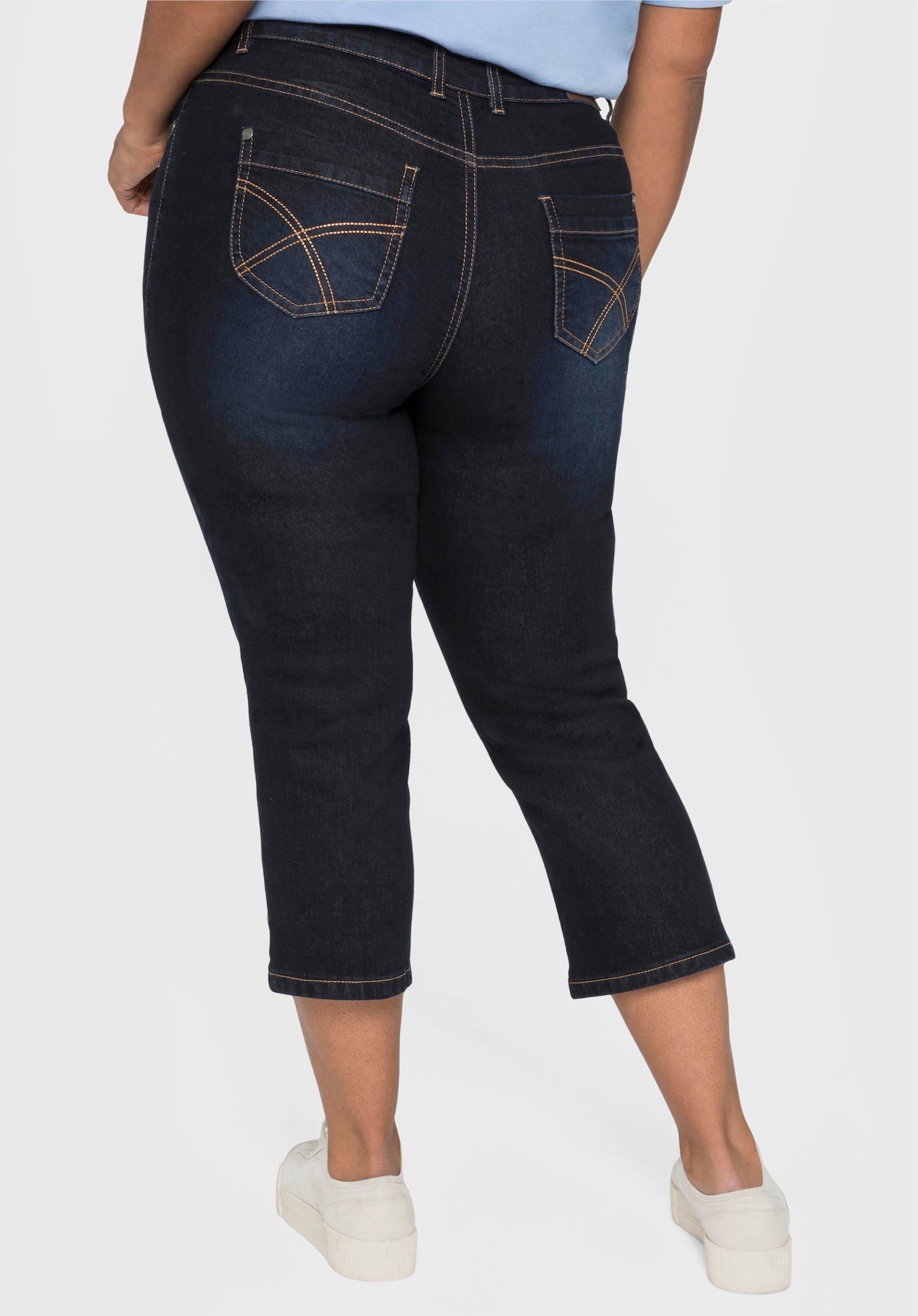 sheego Capri-jeans met contrastnaden en catfaces - blue black denim