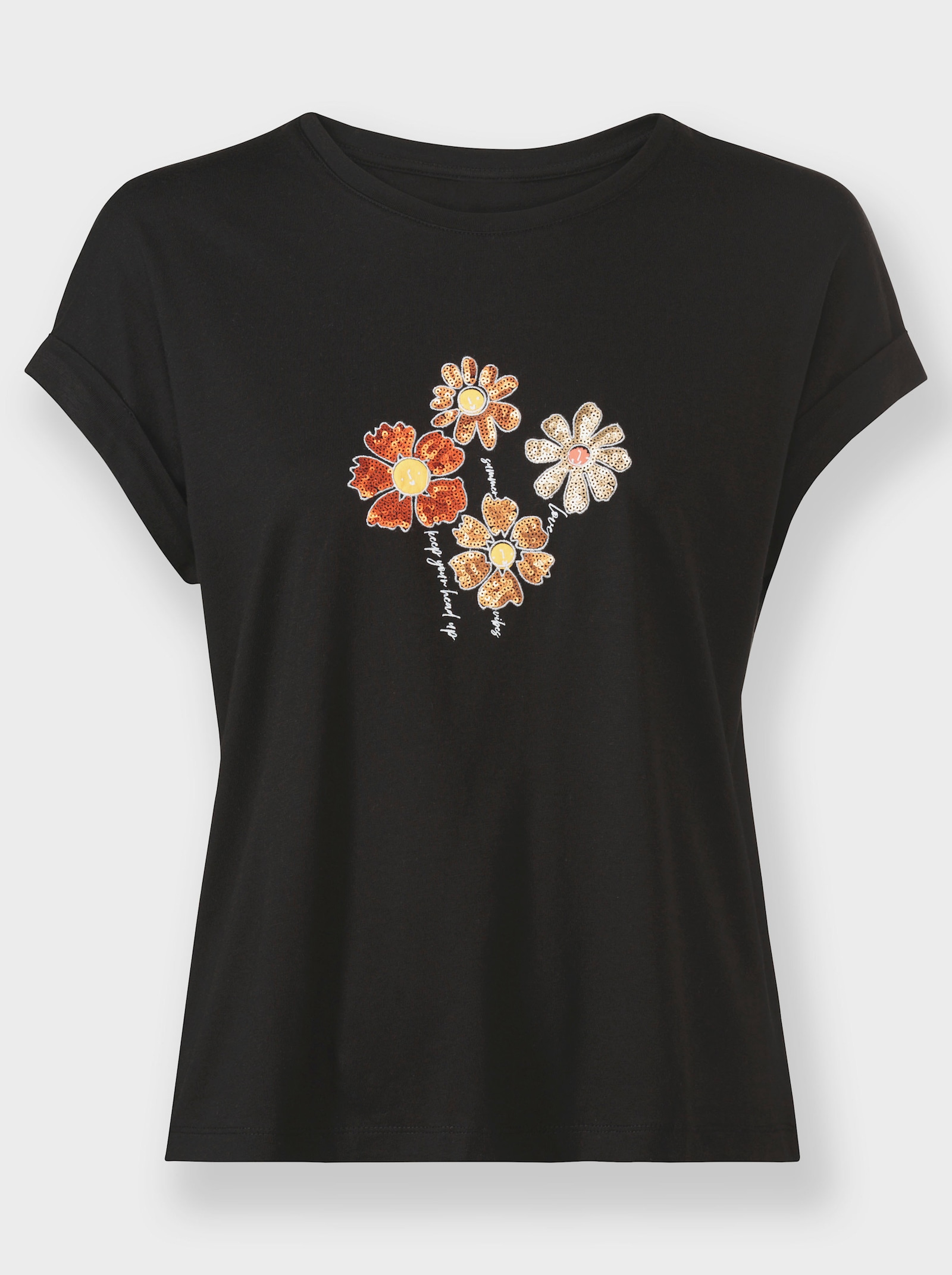 Rundhalsshirt mit Pailletten-Blüten - schwarz
