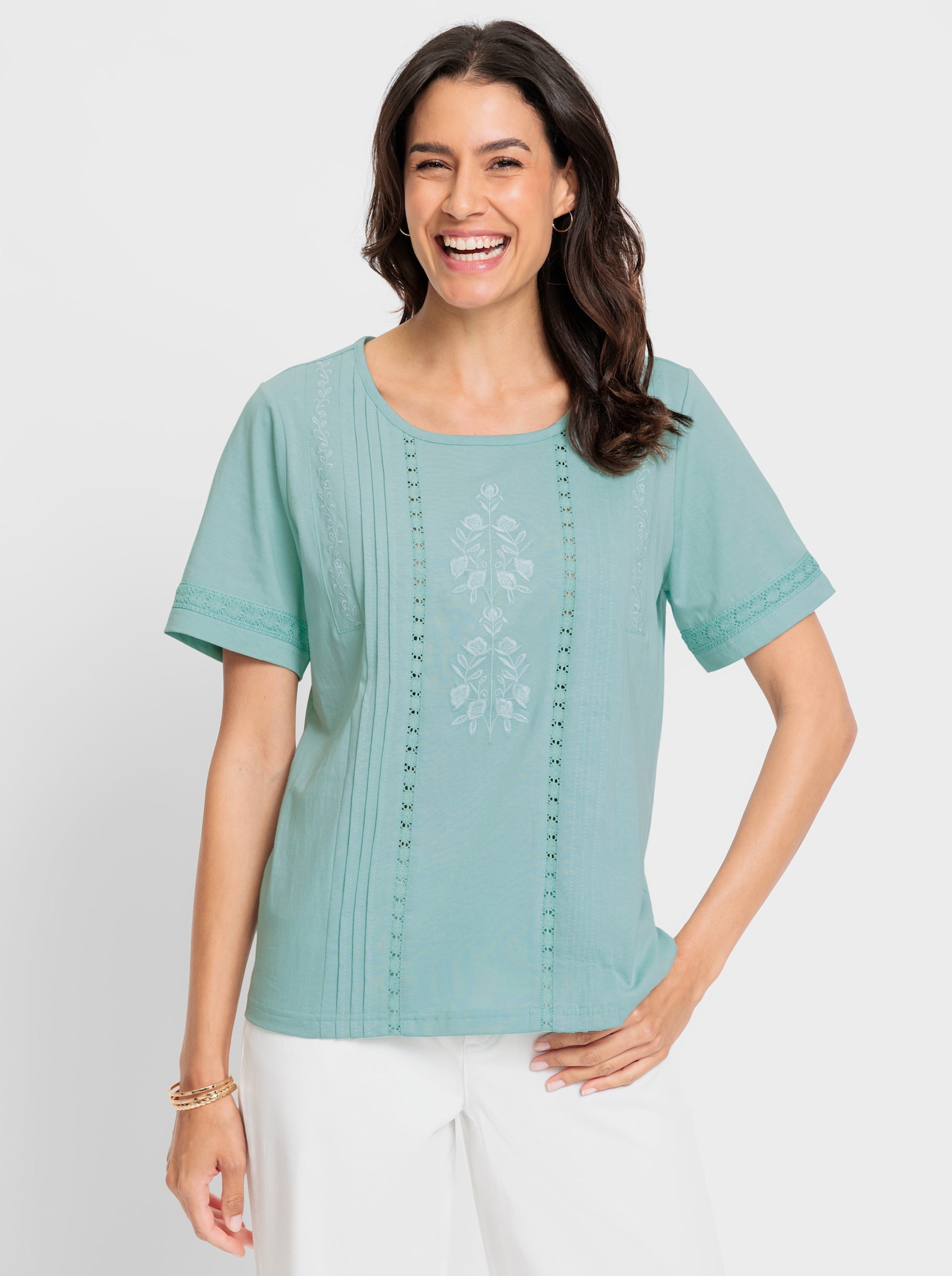 Kurzarmshirt mit Stickerei und Biesen - mint