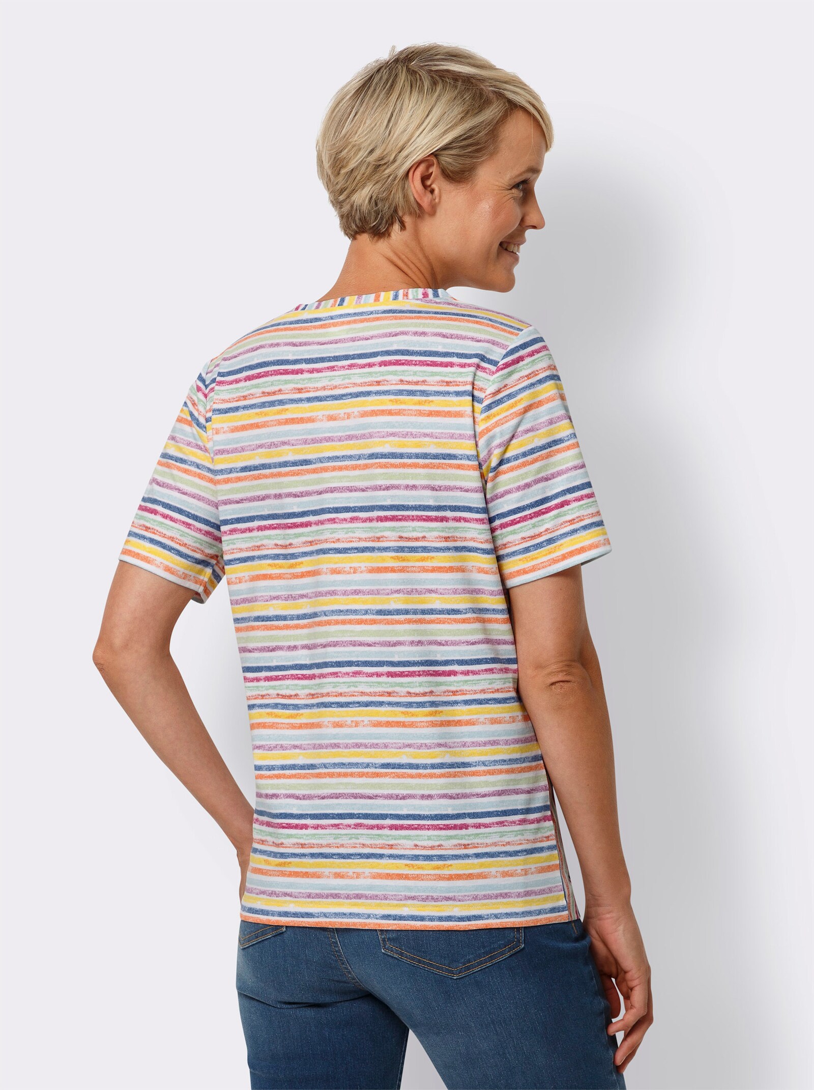 Kurzarmshirt aus reiner Baumwolle, gestreift - weiß-gelb-bedruckt