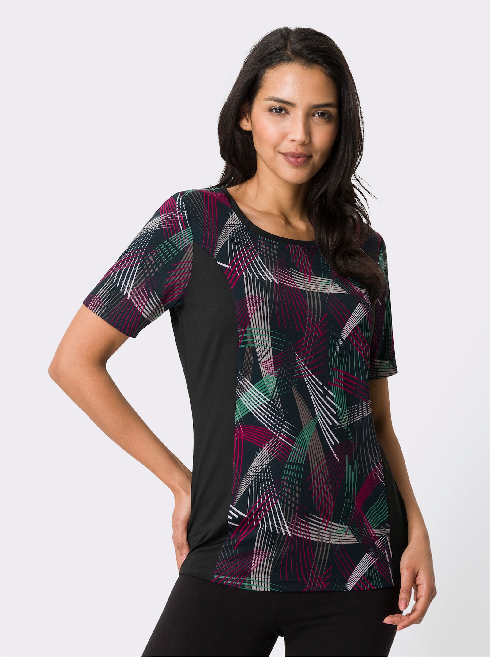 Kortärmad topp med figursömmar - svart-fuchsia, med tryck