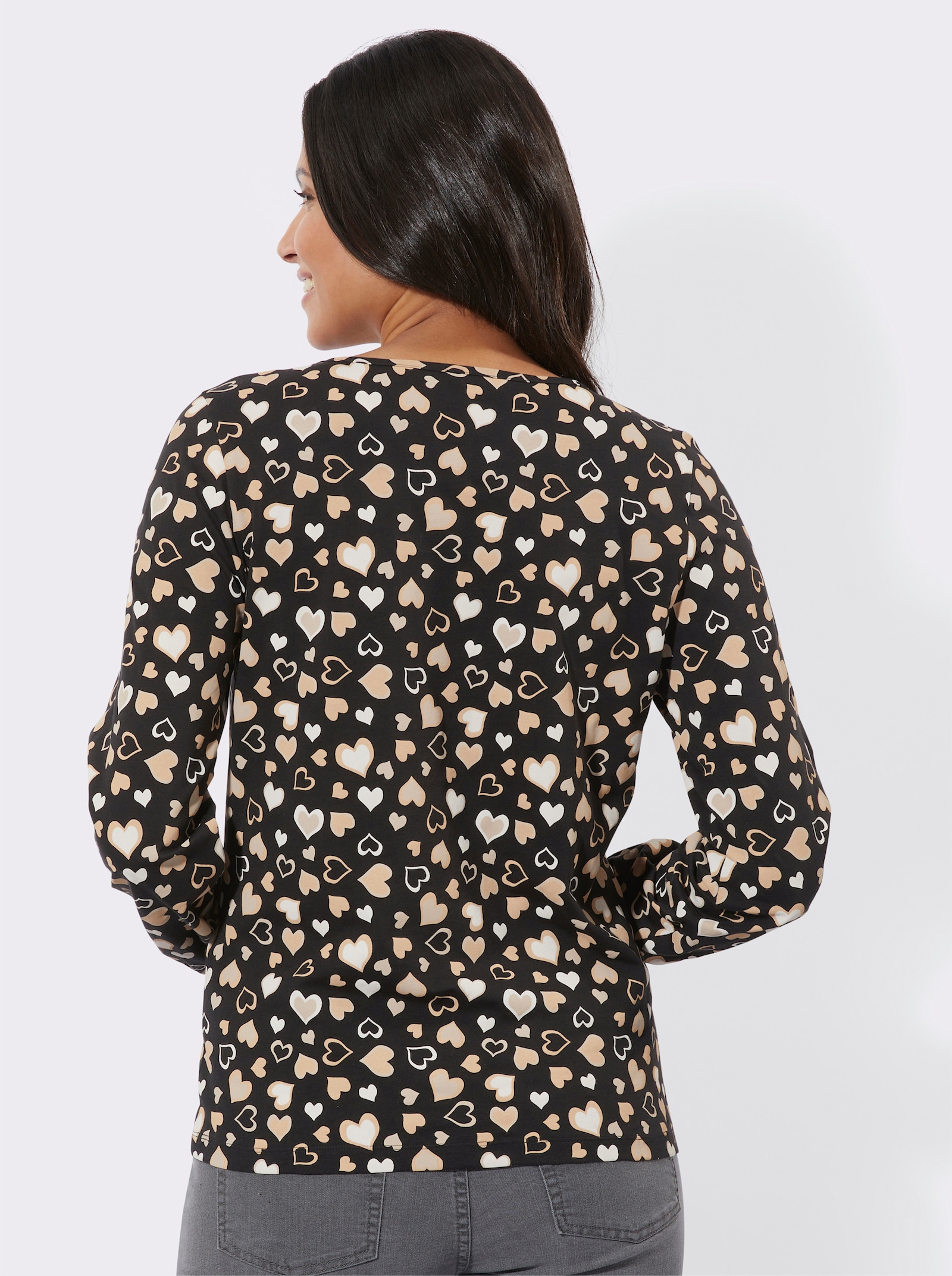Tričko s dlouhým rukávem se srdcovým vzorem - černá-velbloudí-potisk