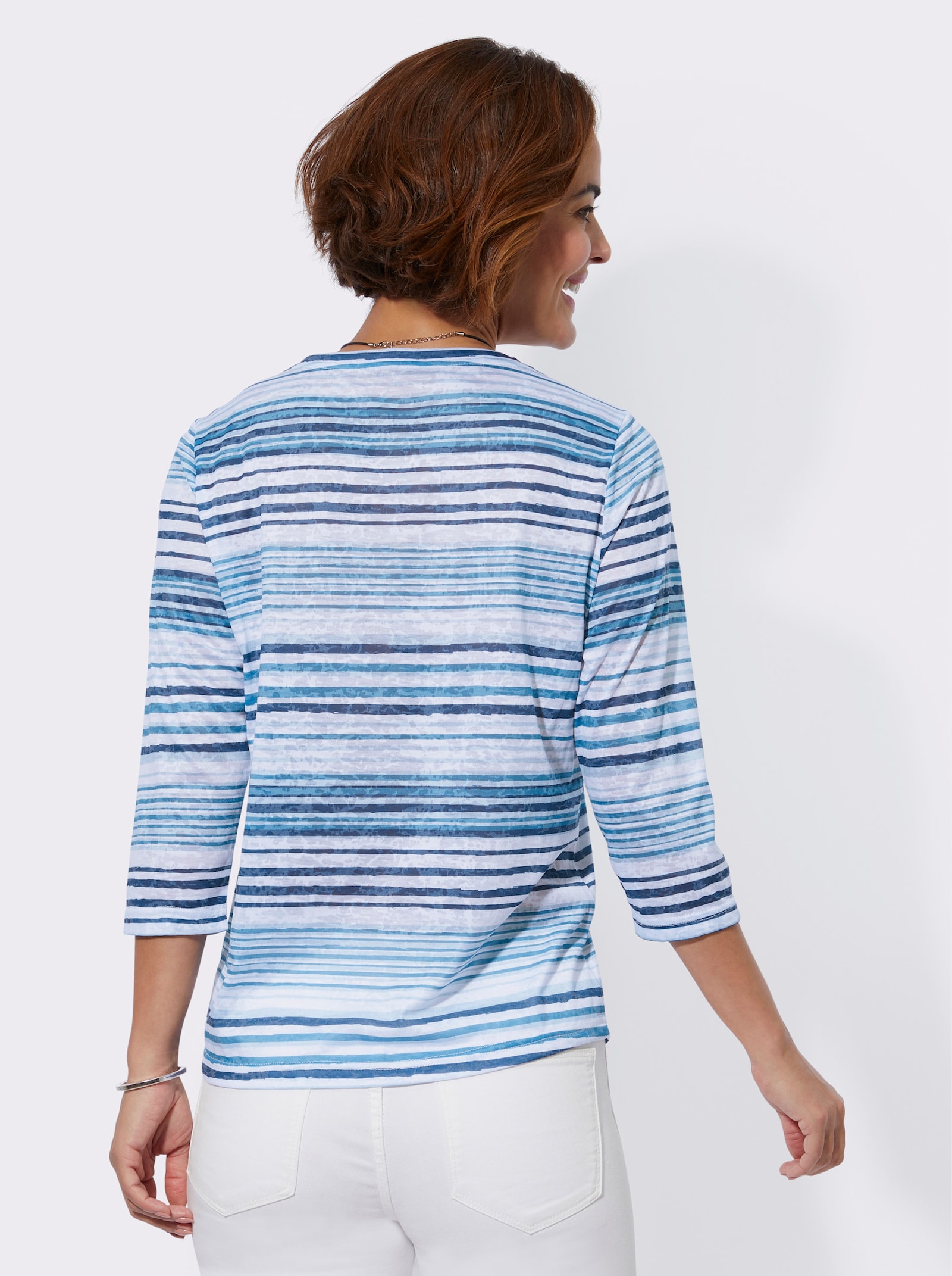 Ringelshirt mit leicht transparenten Partien - mittelblau-ecru-bedruckt