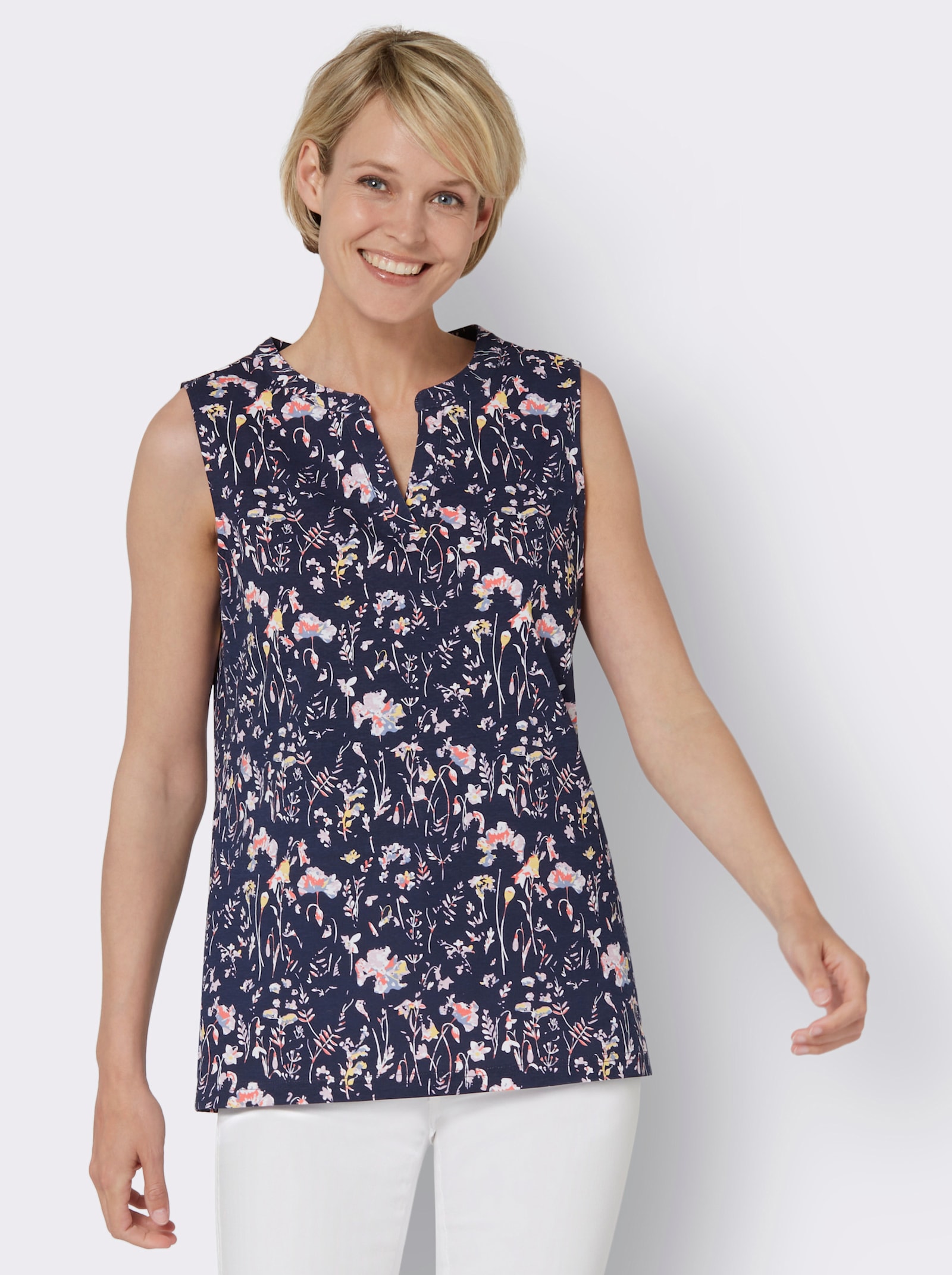 Shirttop mit Rundhals-Ausschnitt - marine-taubenblau-bedruckt