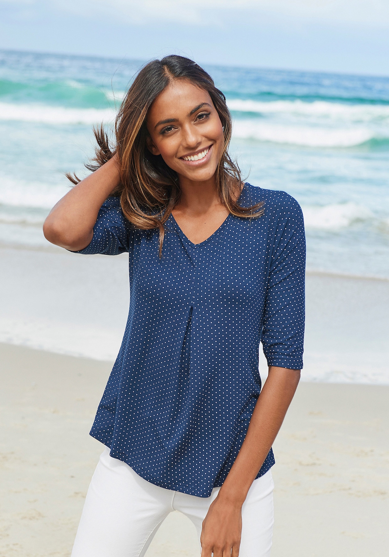 LASCANA Shirt met korte mouwen - marine gestippeld