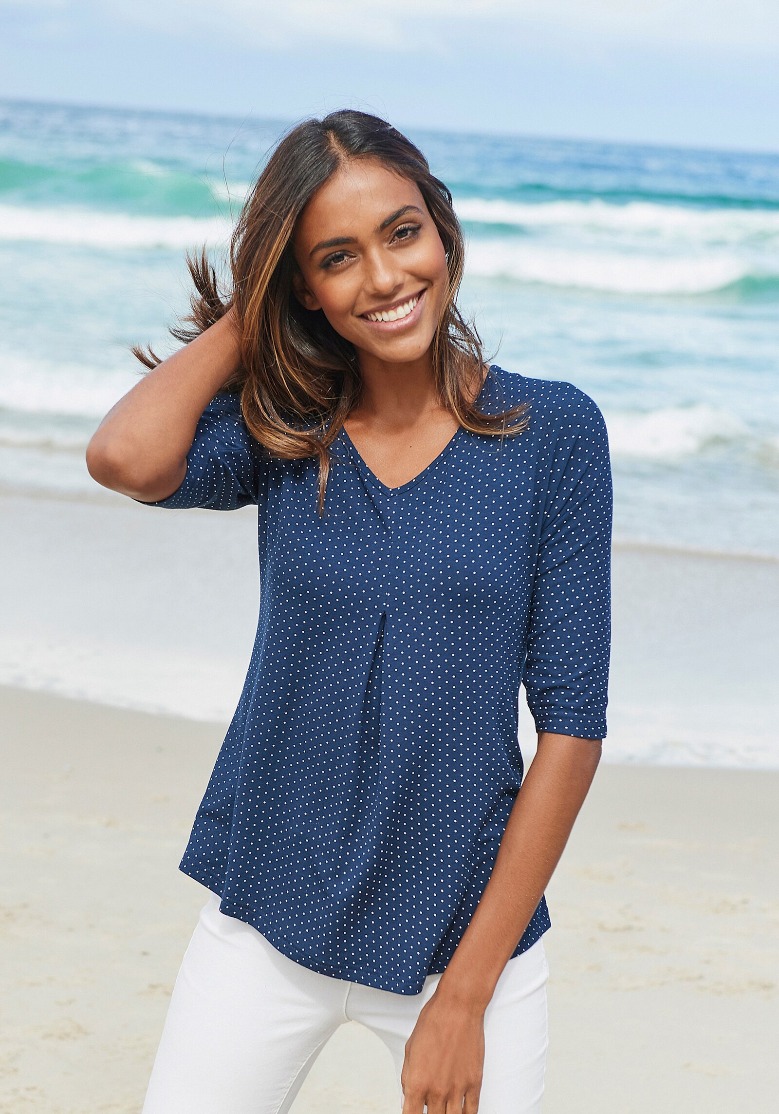 LASCANA Kurzarmshirt - navy-gepunktet