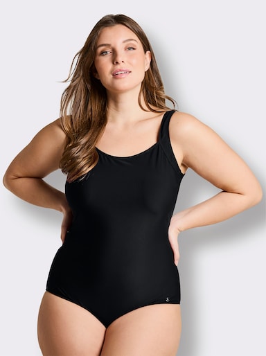 sheego Badeanzug mit raffiniertem Rückenausschnitt - schwarz