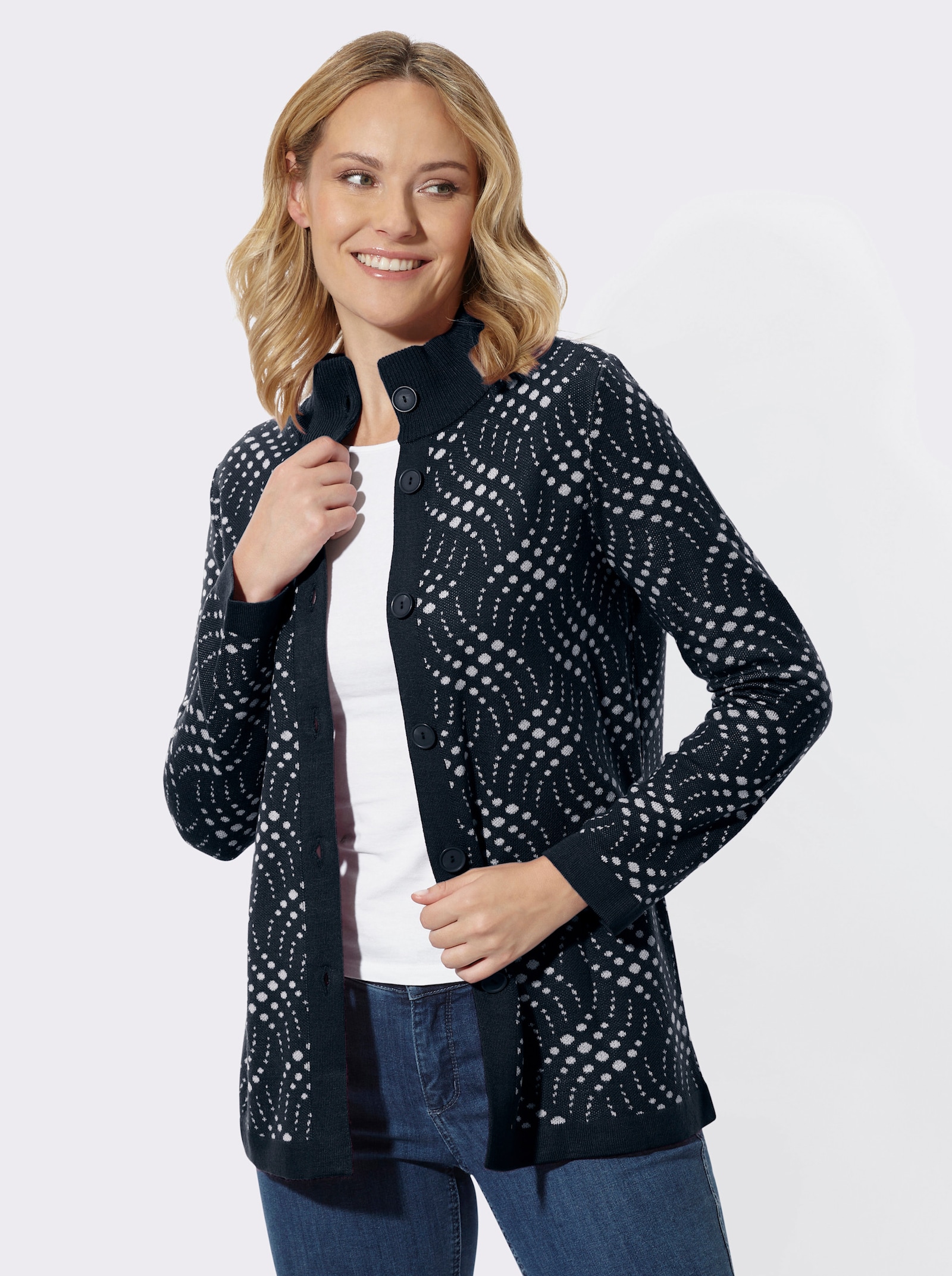 Jacquardstrickjacke mit zweifarbigem Muster - marine-ecru-gemustert