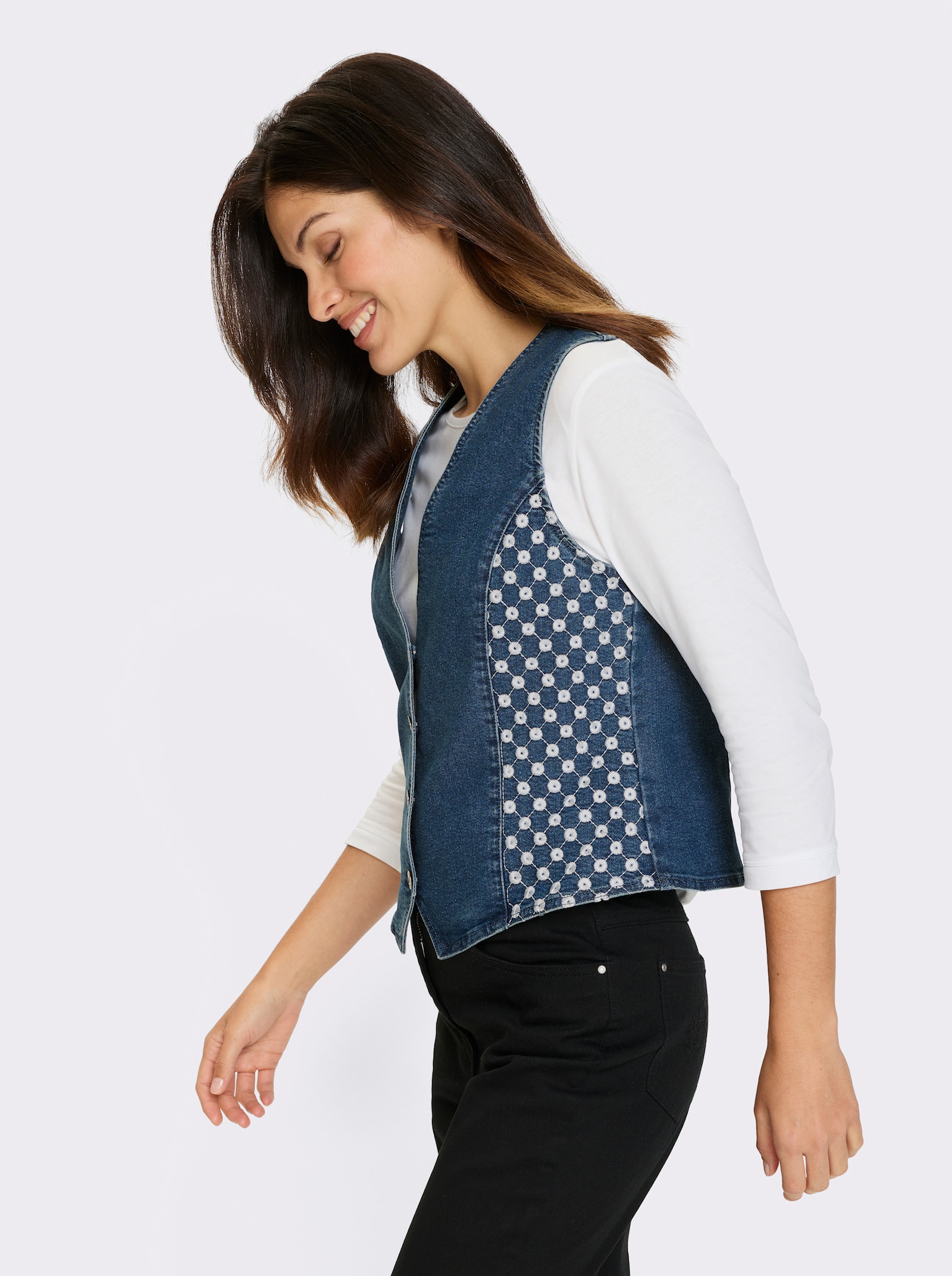 Jeansweste mit Lochstickerei - blue-stone-washed