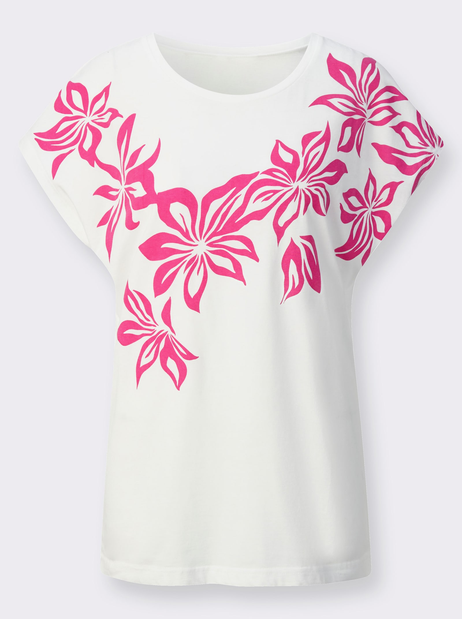 Kurzarmshirt mit Blumen-Druck im Vorderteil - ecru-fuchsia
