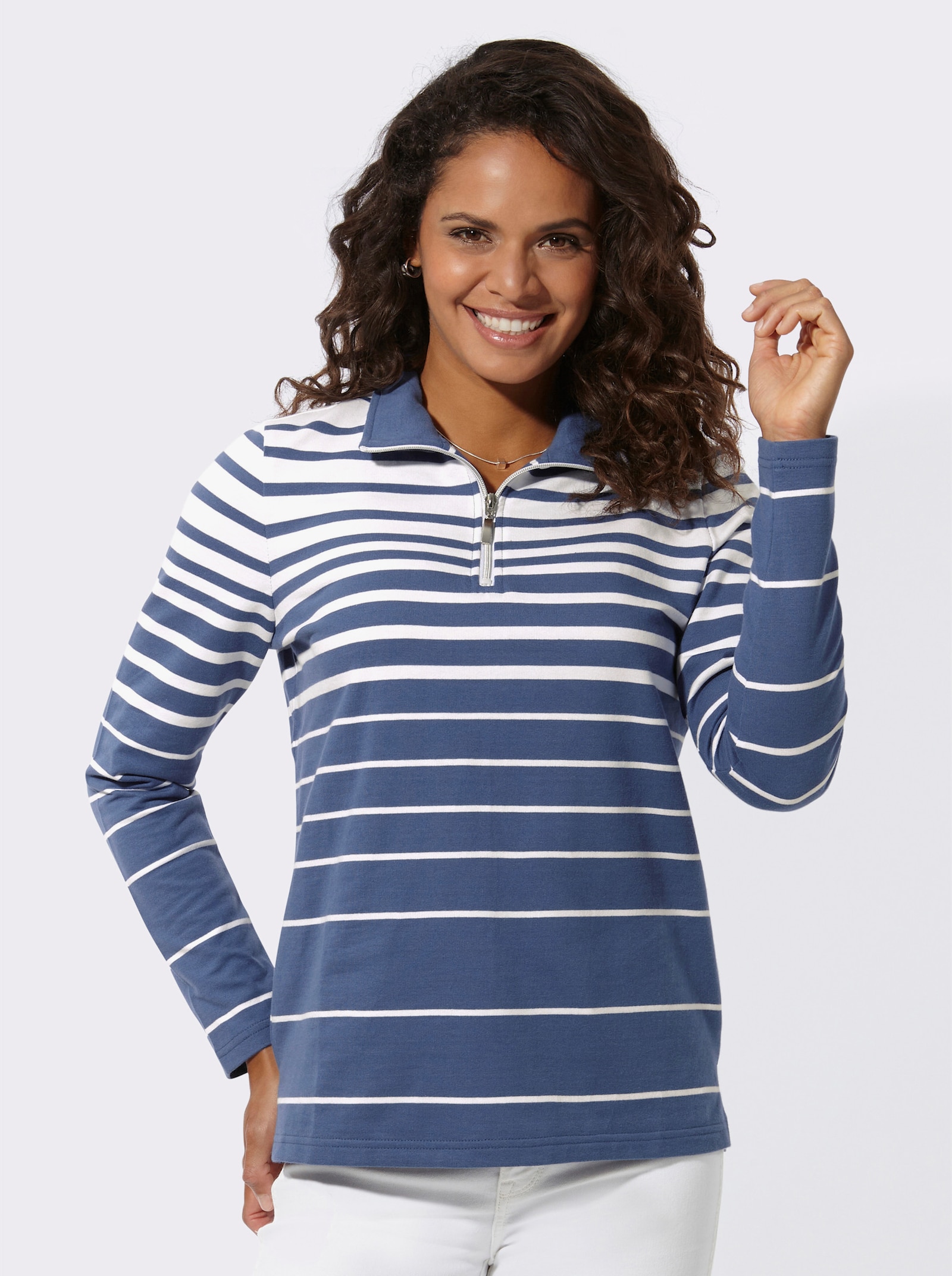 Mikina s proužkovaným vzorem - džínová modrá-ecru-proužek