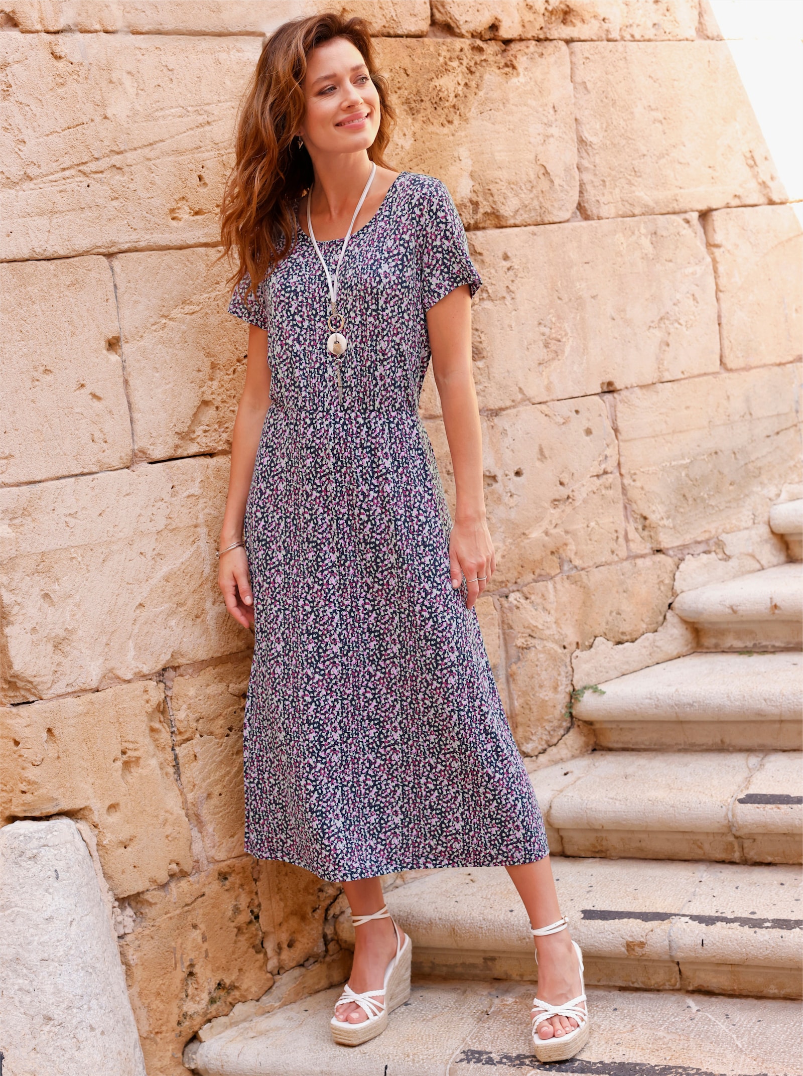 Jerseyjurk met taille-elastiek - marine/orchidee bedrukt