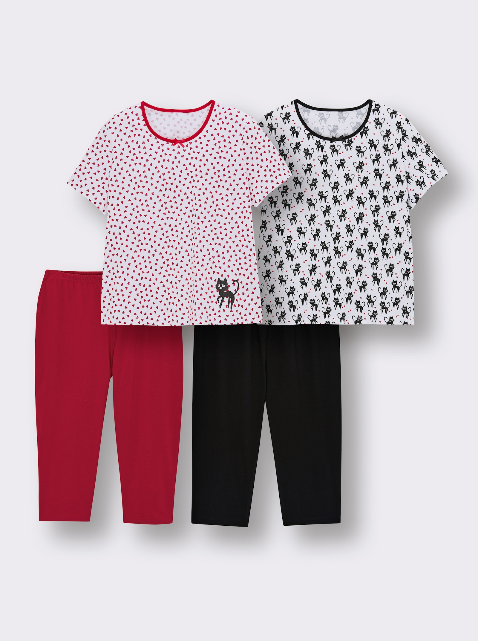 wäschepur Capri-Schlafanzüge mit Katzenmotiven - weiß-schwarz-bedruckt + weiß-rot-bedruckt