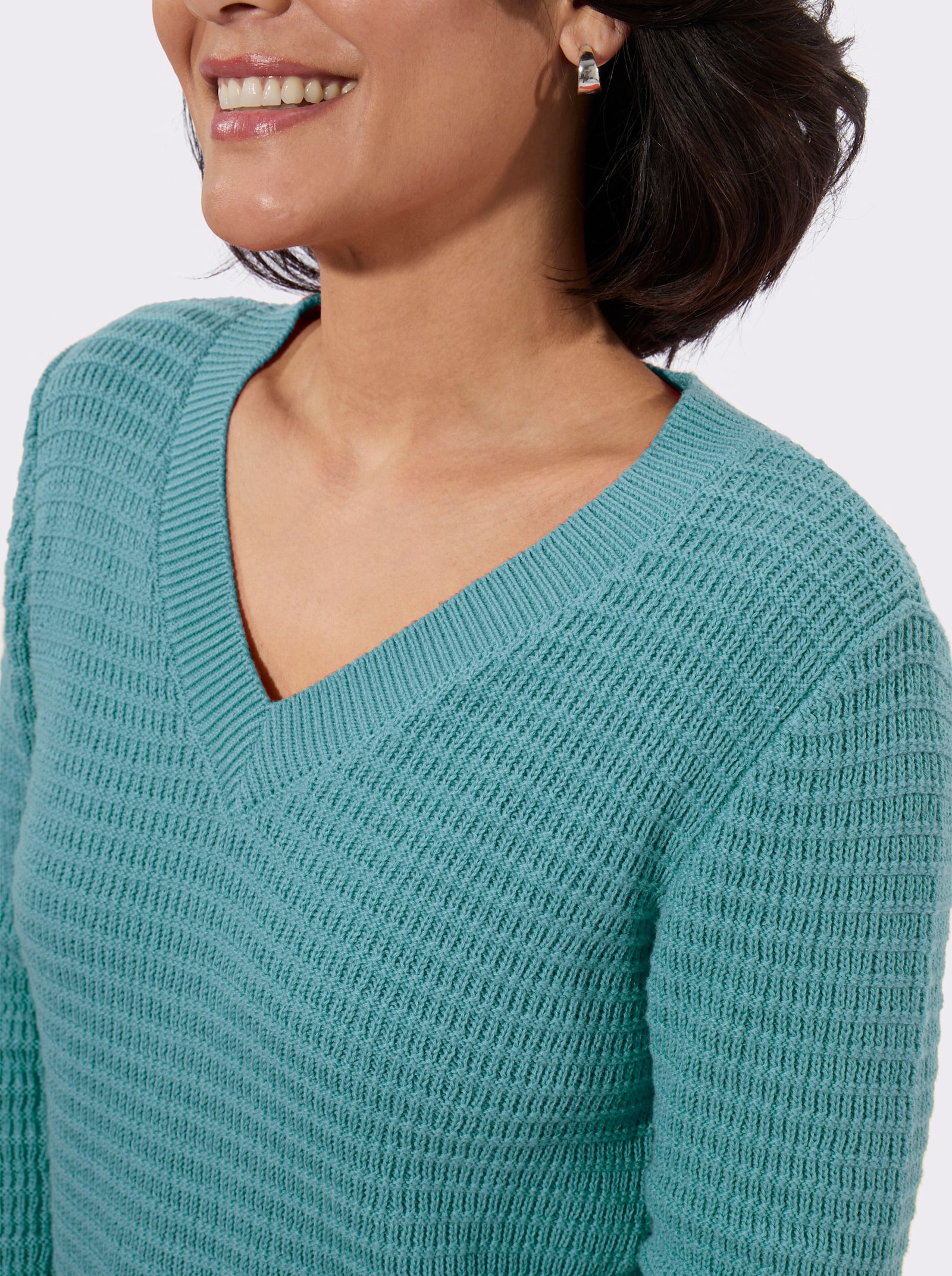 V-Ausschnitt-Pullover mit geripptem Saum - ozean