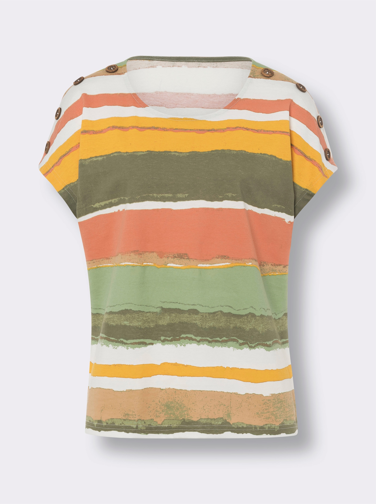 Shirt met ronde hals en sierknopen - kaki/ecru bedrukt