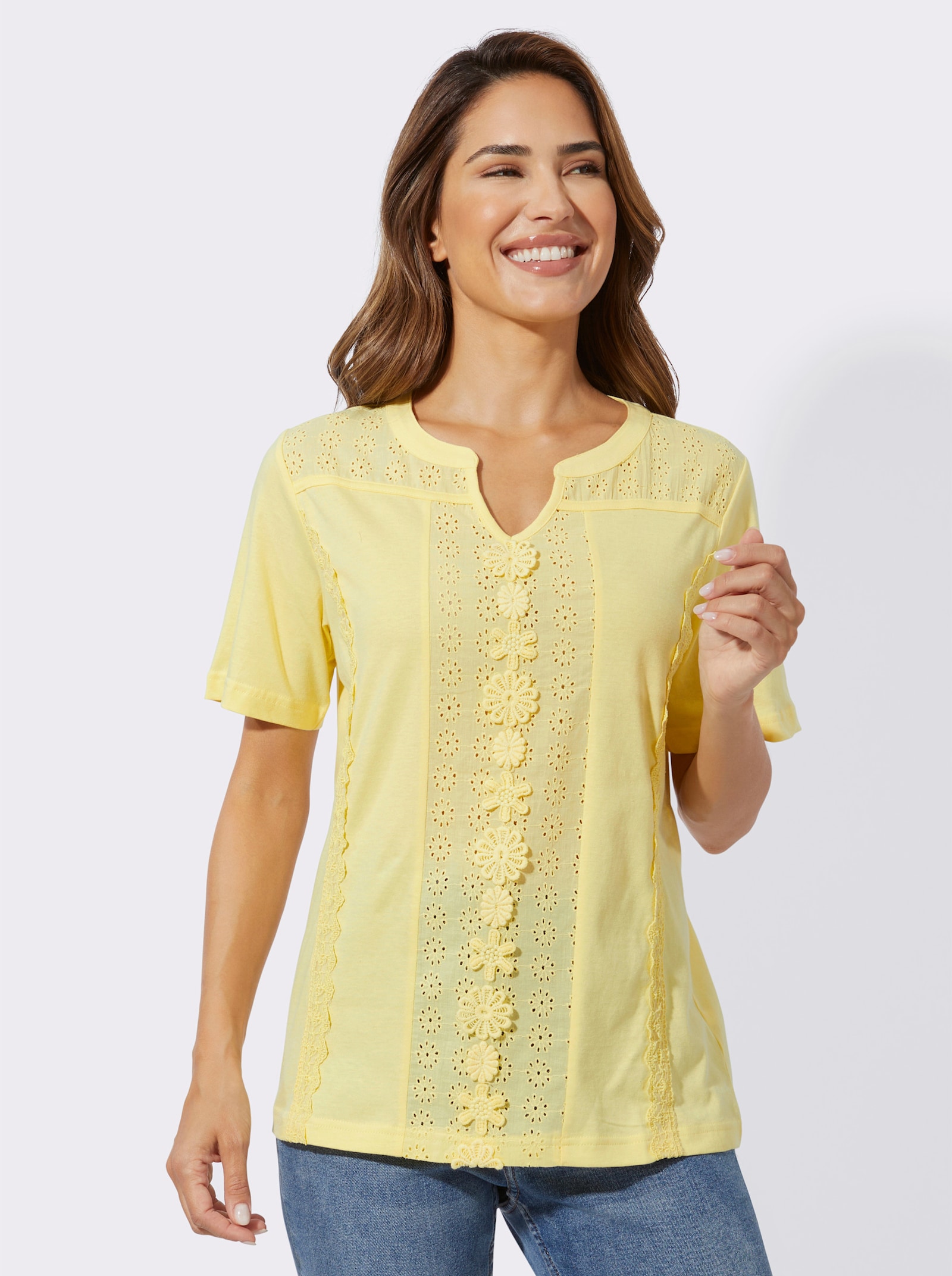 Shirt met korte mouwen en ajourwerk - citroen