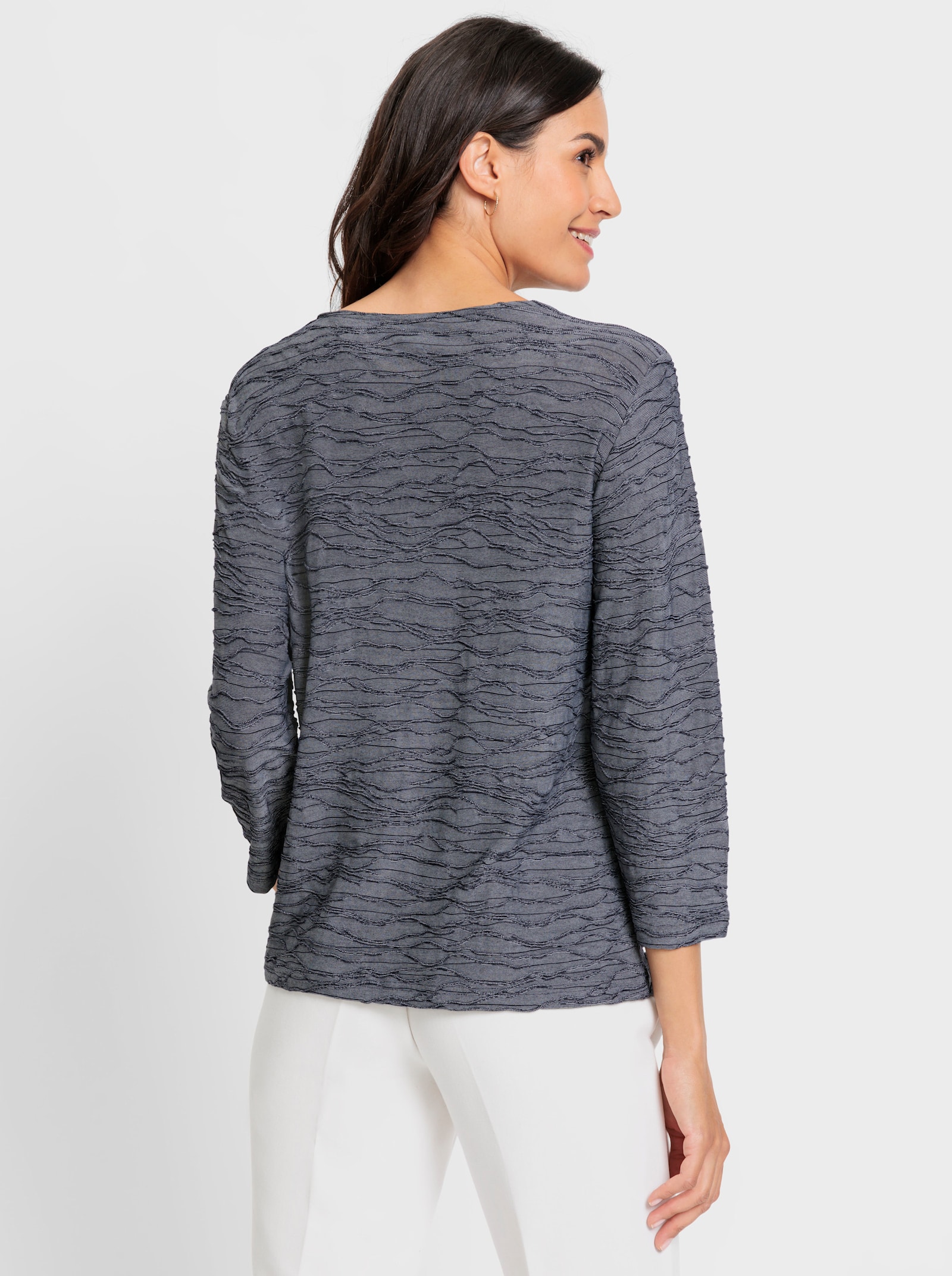 3/4-Arm-Shirt mit Wellen-Dessin - marine-meliert
