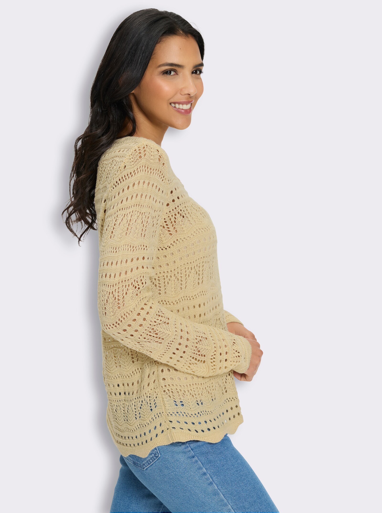 Ajourpullover mit gewellten Abschlüssen - sand