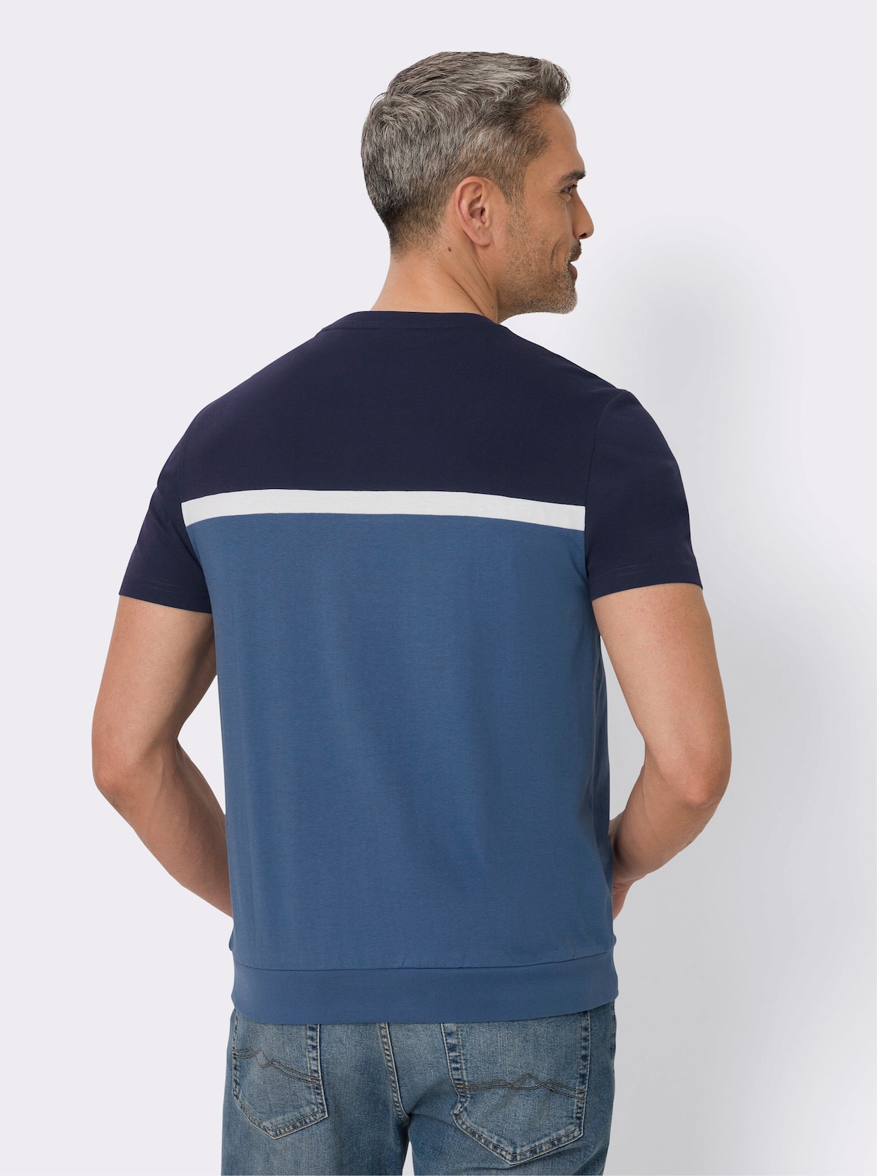 Rundhals-Shirt - marine-weiß-jeansblau