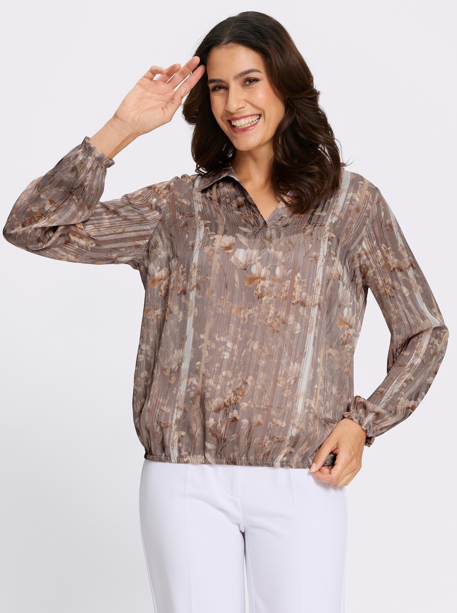 Schlupfbluse mit Glanzstreifen - schlamm-ecru-bedruckt